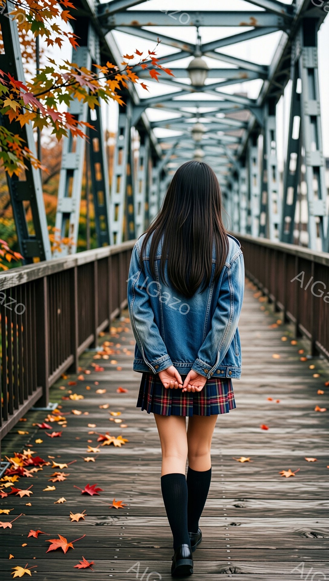 長い黒髪を後ろから見た女性が、木製の橋の上を歩いている。彼女はデニムジャケットとチェック柄のスカート、黒い靴下と靴を履いており、秋の落ち葉が橋の床に散らばっている。背景には、鉄骨の橋の構造と、色づき始めた木々が見え、秋の寂しげな雰囲気を醸し出している。