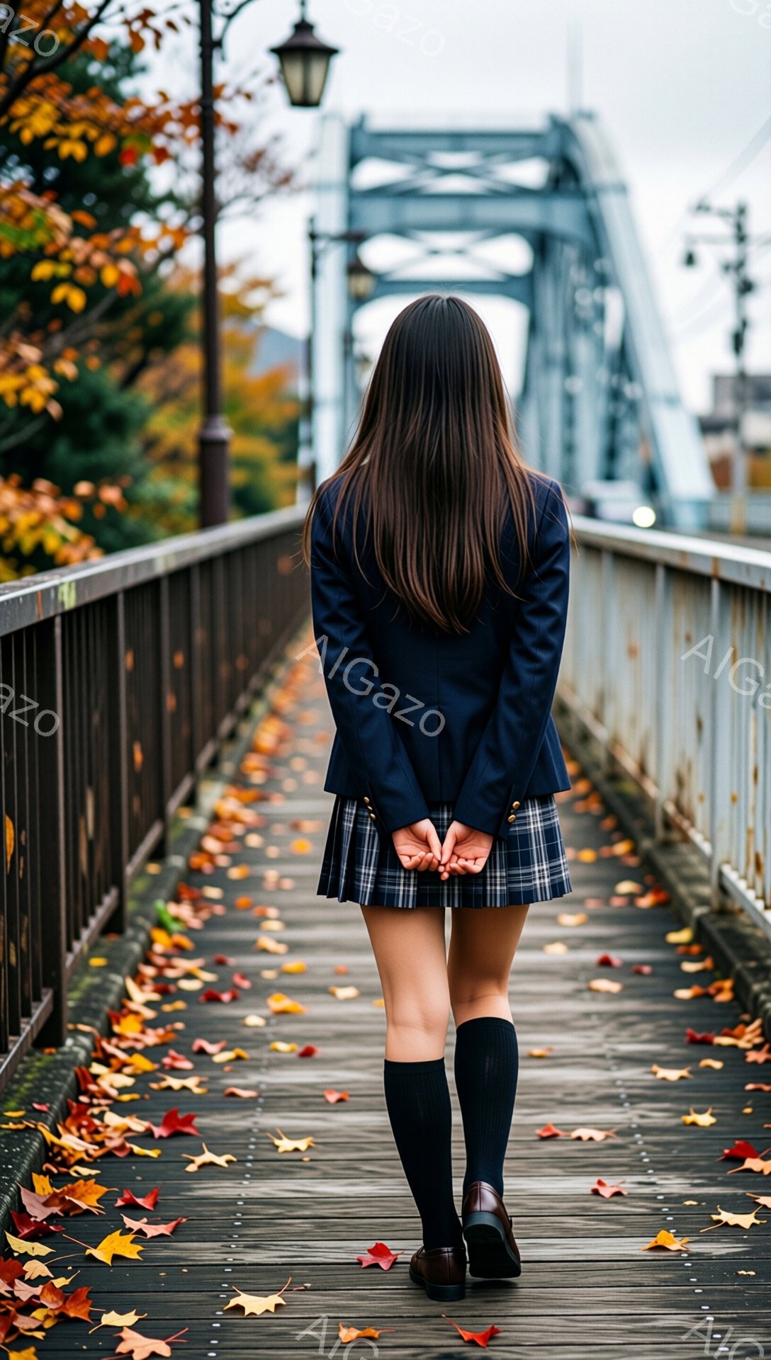 画像は、セーラー服を着た女性の後ろ姿を捉えています。彼女はチェック柄のスカートと黒いニーハイソックス、革靴を履き、両手を背中に組んでいます。背景には、落ち葉が散らばる木製の橋と、霞んだ空の下の金属製の橋梁が見え、秋の物寂しい雰囲気を醸し出しています。