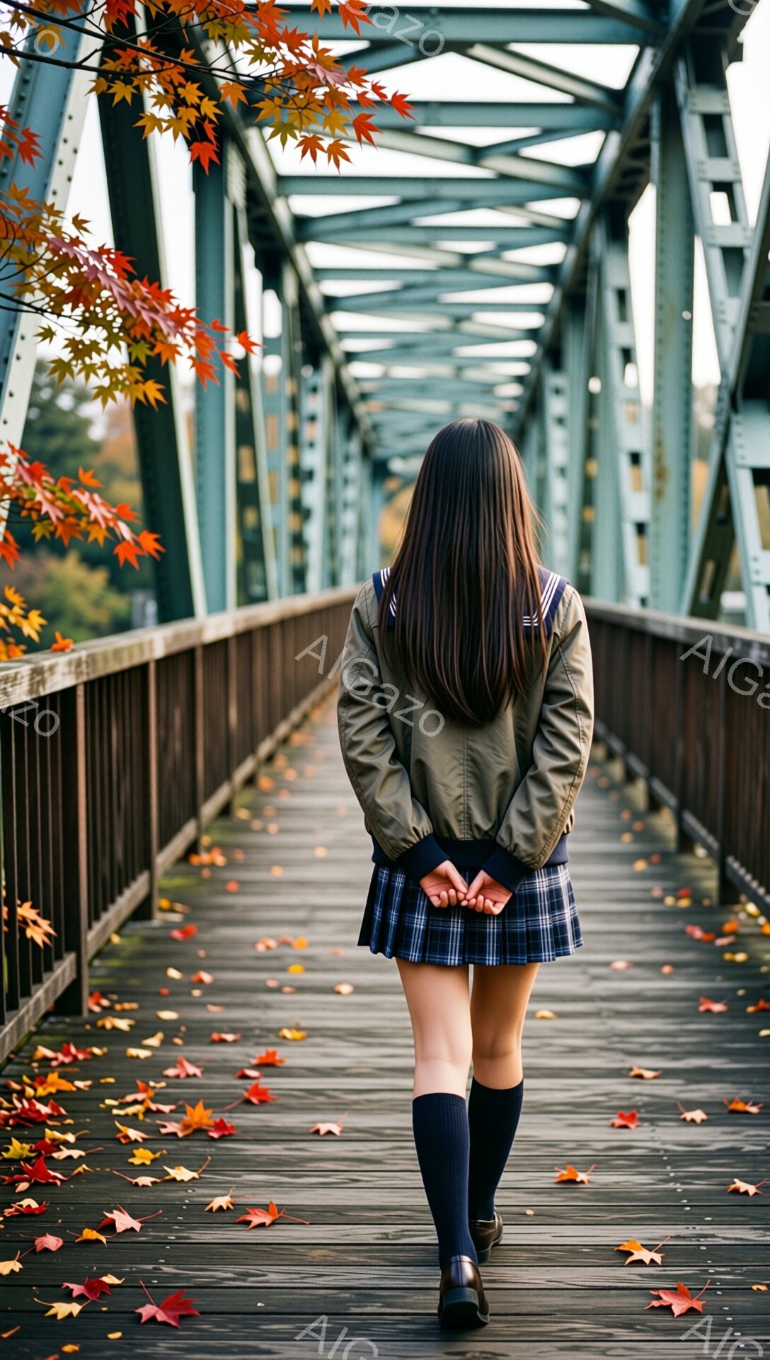 緑色の橋の上を、紺色のニーハイソックスと黒い靴を履いた女性が歩いている。彼女はチェック柄のスカートと、襟が白いカジュアルな緑色のジャケットを着ている。背景には、鮮やかな赤と黄色の紅葉が散りばめられ、秋の寂しげで美しい雰囲気を醸し出している。