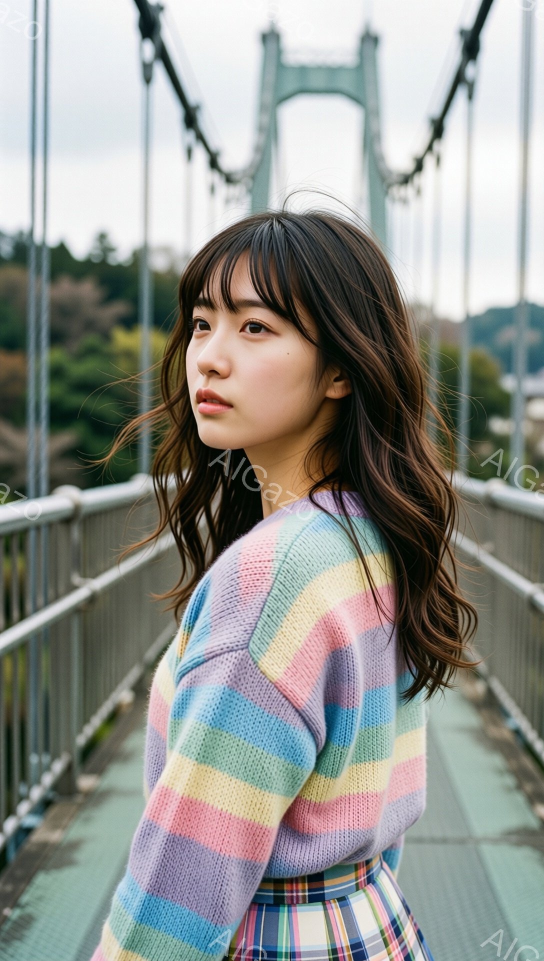長い黒髪を肩で分けている女性が、虹色のセーターとチェック柄のスカートを着ています。彼女はわずかに振り返り、少し憂いを帯びた表情で遠くを見つめています。背景には、霧のかかった山々と金属製の橋が広がり、ど - AI生成フリー素材