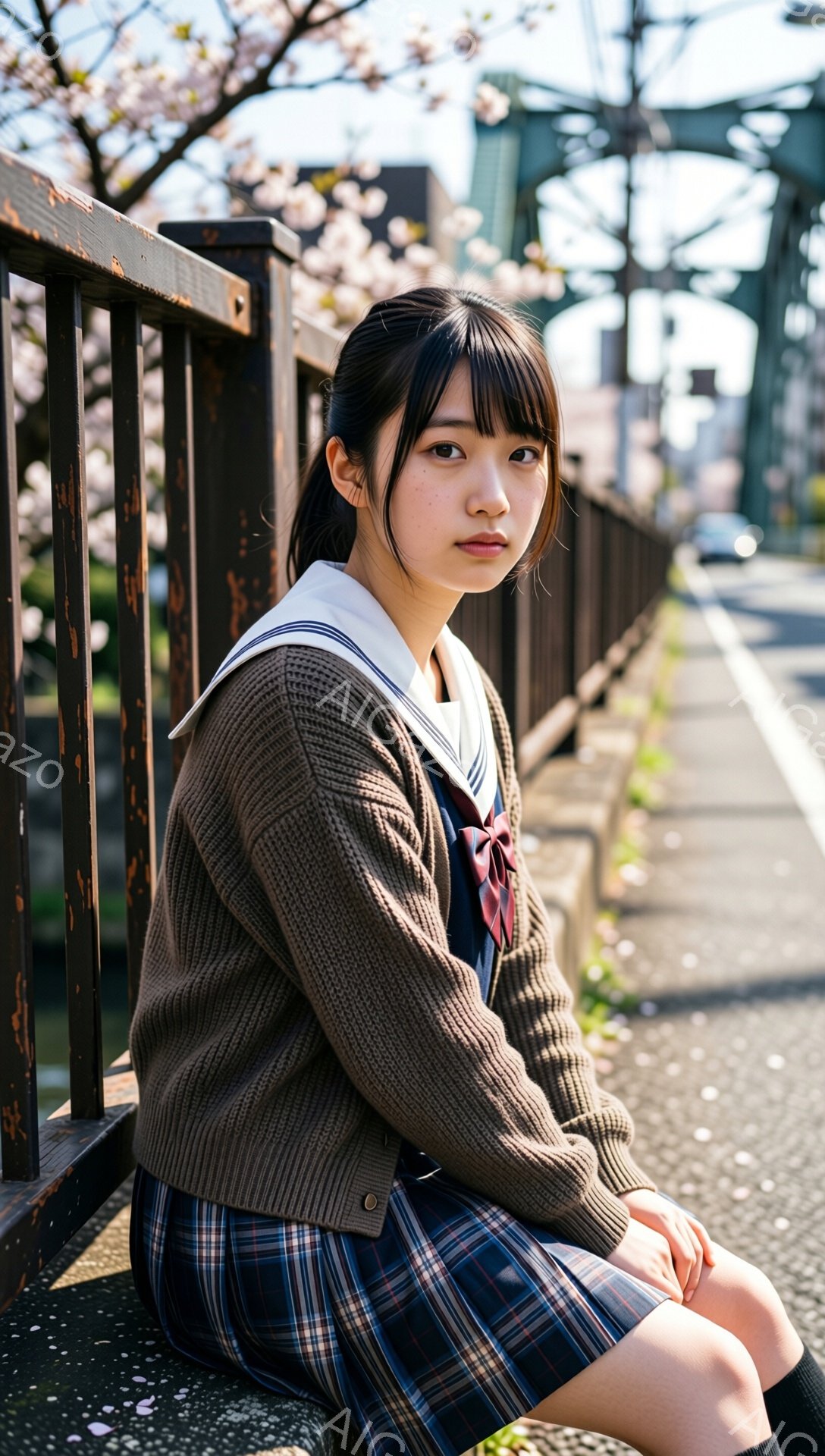 画像は、桜並木と運河のそばの橋に座る若い女性を描写しています。彼女はセーラーカラーのブラウスとチェック柄のプリーツスカート、茶色のカーディガンを着ており、黒髪を肩まで伸ばしたヘアスタイルです。彼女はカメラに向かって微笑み、リラックスした姿勢で座っています。