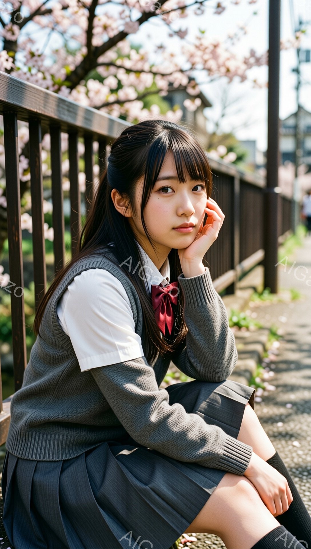 画像には、制服を着た若い女性が写っています。彼女はグレーのセーターベスト、白いシャツ、チェック柄のスカート、そして黒い靴下を履いています。彼女は片手を頬にあて、何か考え込んでいるような表情で、柵に寄りかかって座っています。