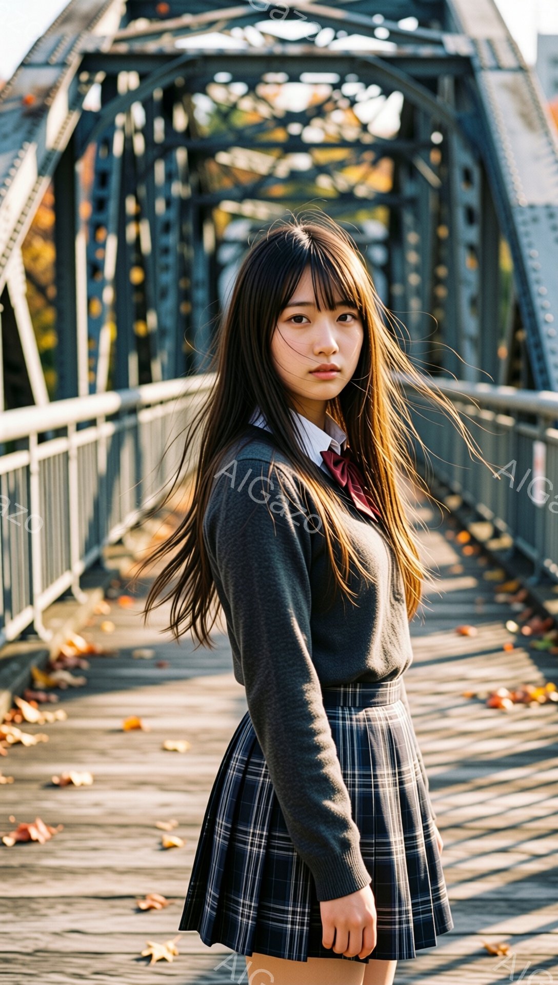 画像は、制服を着た若い女性が橋の上に立っている様子を捉えています。彼女はグレーのセーターにチェック柄のスカート、赤いネクタイを着用し、長い黒髪を後ろに流しています。背景には秋の木々が広がり、落ち葉が橋の歩道に散らばっており、全体的に少し物憂げで秋らしい雰囲気が漂っています。