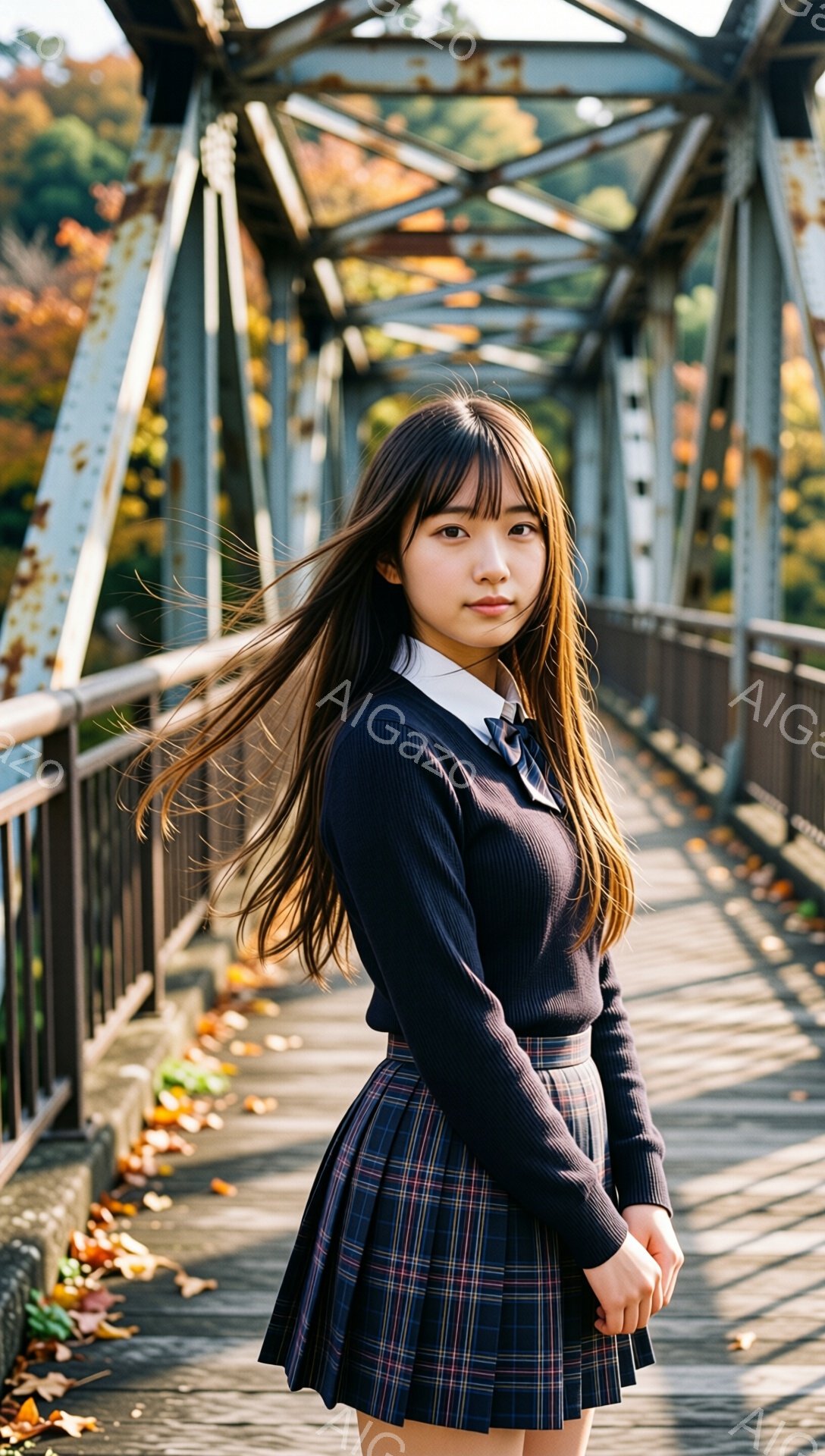長い黒髪の女性が、紺色のセーターとチェック柄のスカートという制服を着て、木製の橋の上に立っている。彼女は少し微笑んでおり、前髪が風になびいている。背景には、秋の紅葉と、鉄骨の橋の構造が広がっている。
