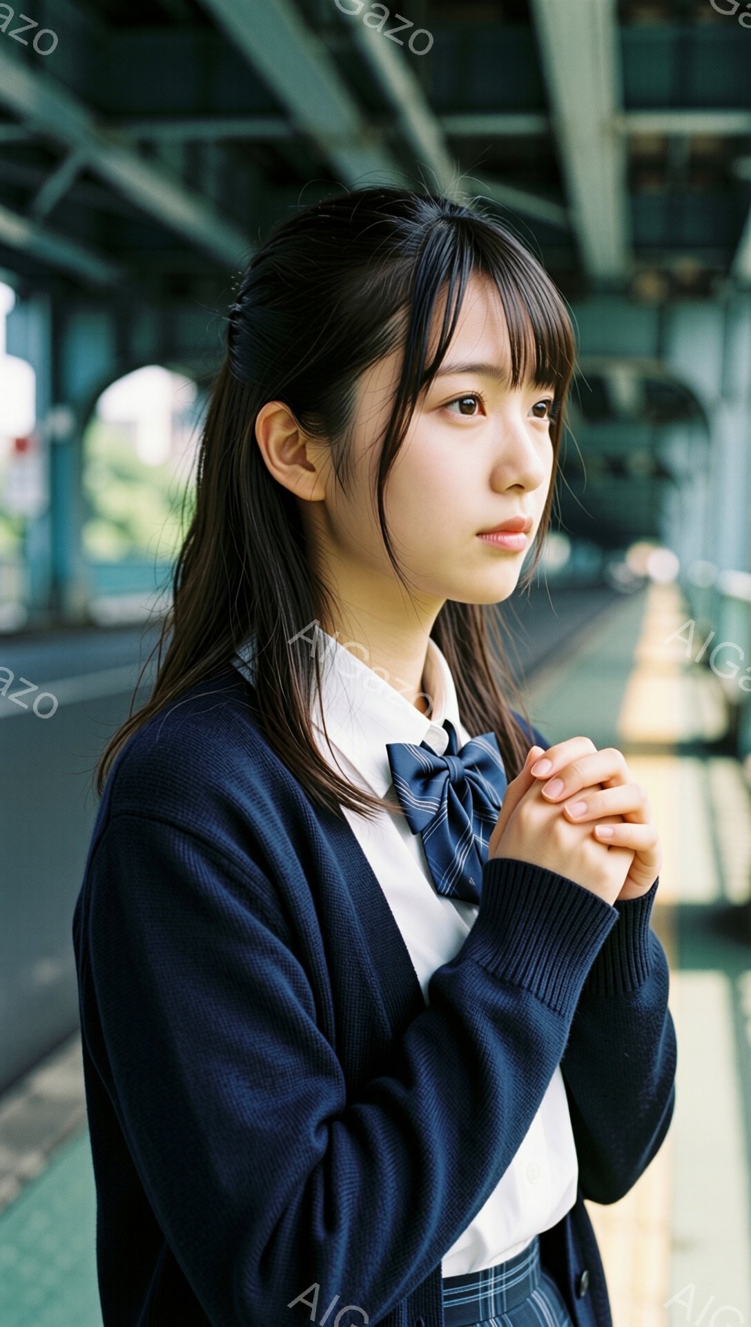 画像は、制服を着た若い女性が写っています。彼女は濃い紺色のカーディガン、白いシャツ、ネクタイ、チェック柄のスカートを着用し、両手を組んで何かを考えているようです。背景には、緑の敷地とコンクリート構造物 - AI生成フリー素材