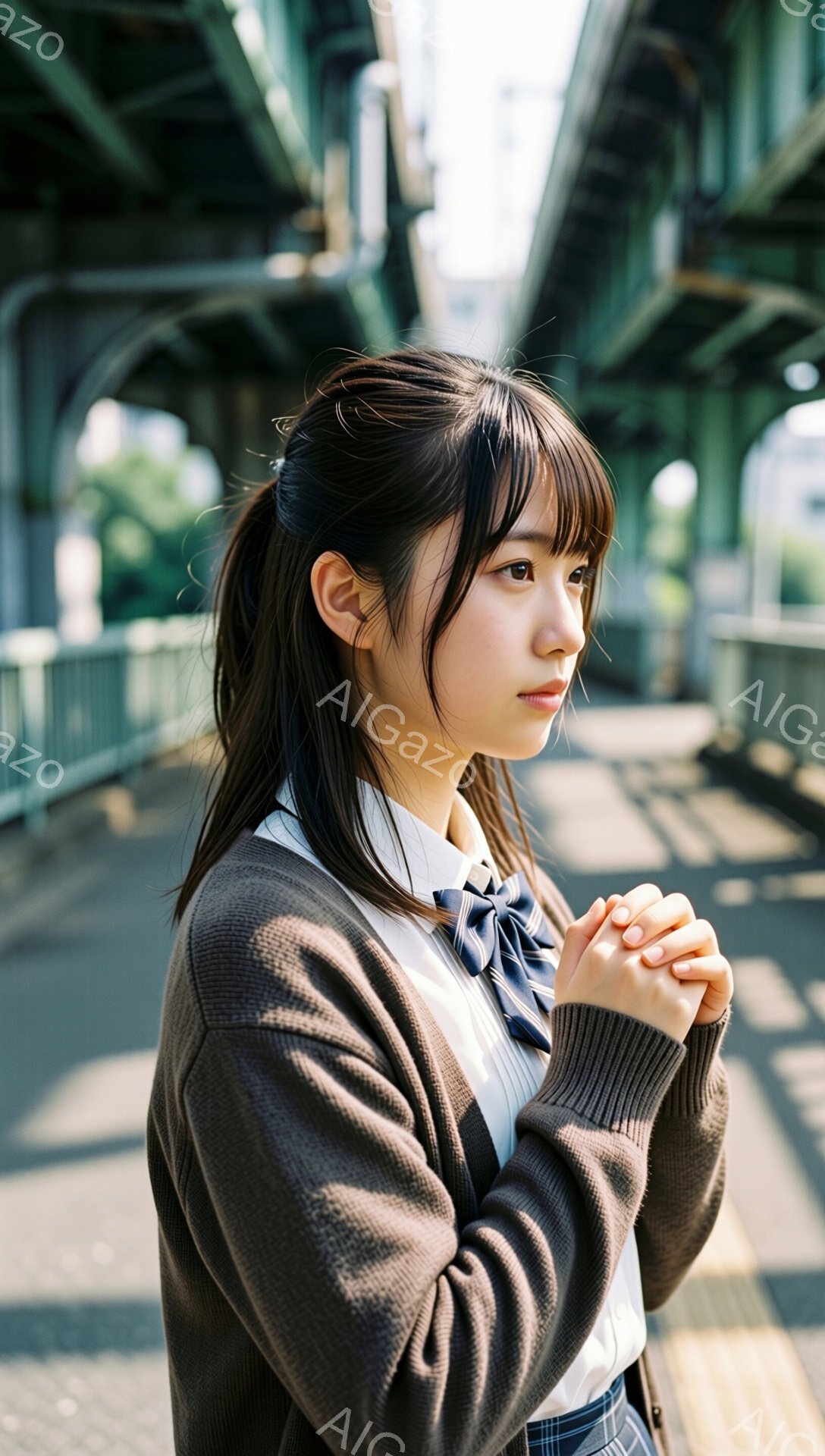 制服姿の若い女性が、橋の上で少し横を向いて立っています。彼女は茶色のカーディガン、白いシャツにネクタイ、チェックのスカートを着用し、髪はポニーテールに結ばれています。背景には緑色の橋の構造物と、ぼやけた自然が見え、穏やかで少し物憂げな雰囲気を醸し出しています。