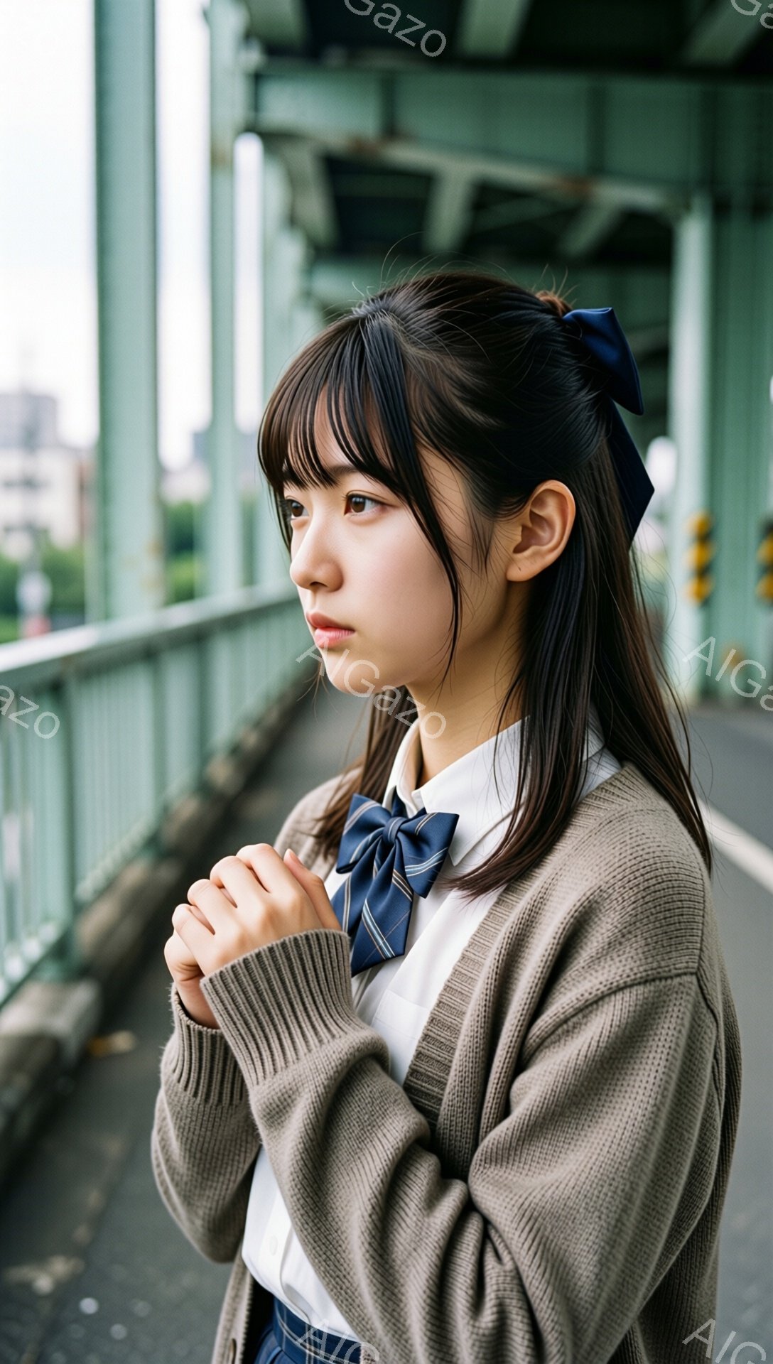 画像は、制服を着た若い女性が写っています。彼女は茶色のカーディガン、白いシャツ、チェック柄のスカート、そしてネイビーブルーのリボンをつけています。彼女は何かを考えているような表情で、少し憂いを含んだ視 - AI生成フリー素材