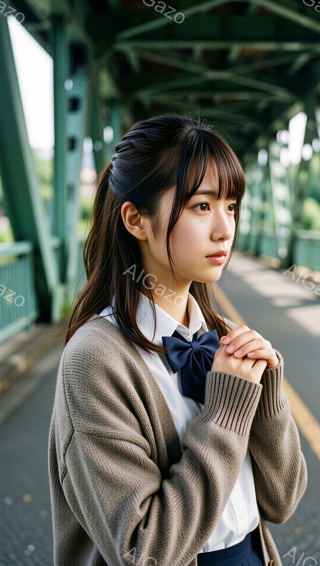 明るい茶色のカーディガンを着た若い女性が、白いシャツと紺色のリボンを付けている。彼女はわずかに微笑み、前を見つめ、両手を前に組み合わせて少し緊張した様子を見せている。背景には緑色の橋が伸びており、ぼやけた緑の木々が見え、全体的に穏やかで少しノスタルジックな雰囲気を醸し出している。