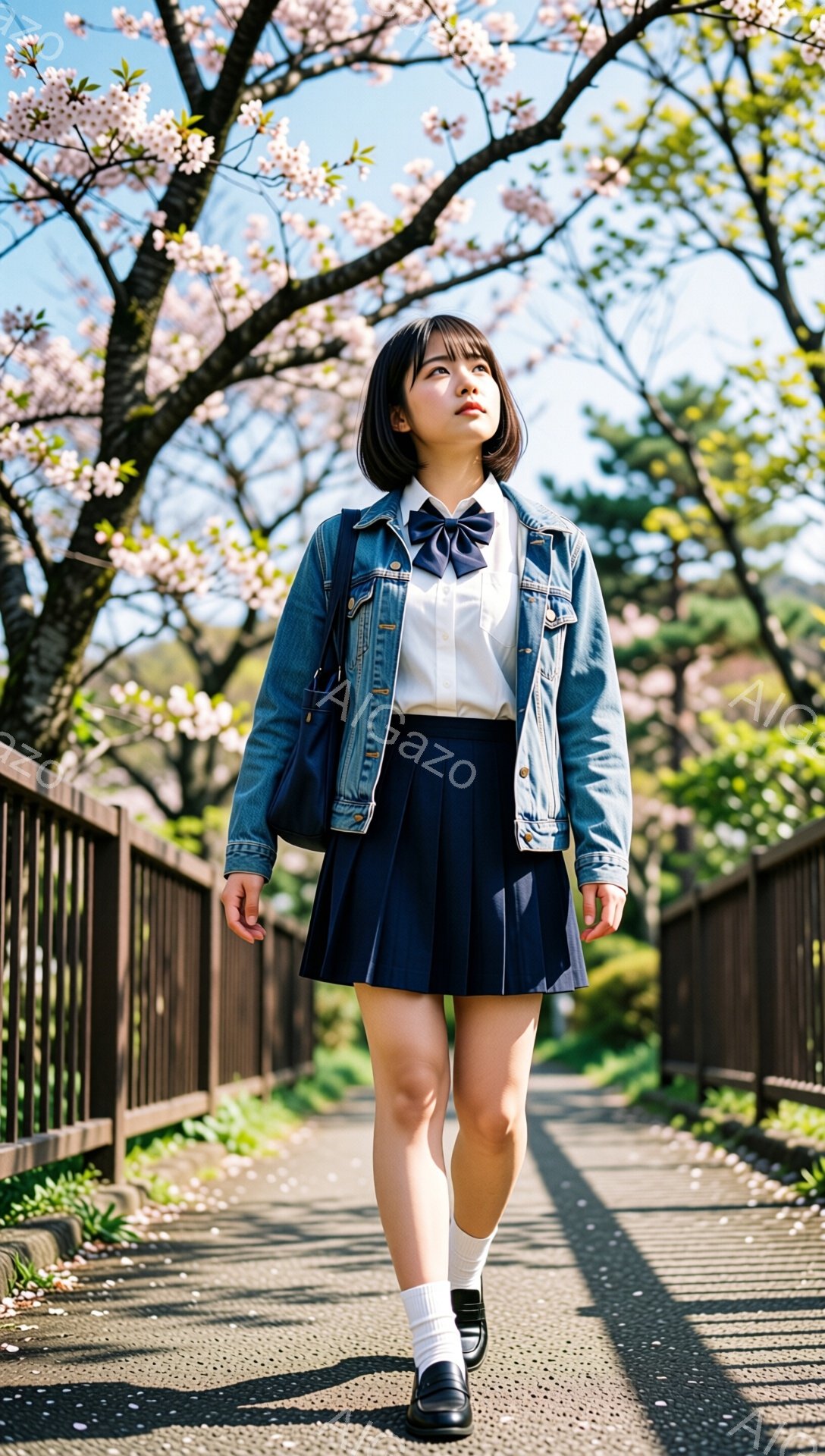 画像は、紺色のプリーツスカート、白いシャツに青いリボン、そしてデニムジャケットを着た若い女性が、桜並木の中を歩いている様子を捉えています。彼女は白の靴下と黒い靴を履き、少し上目遣いで前を見つめており、 - AI生成フリー素材