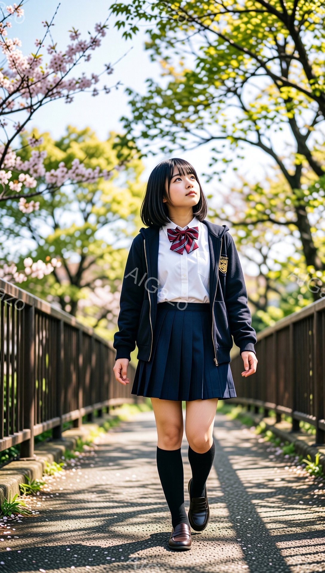 少女は紺色の制服を着て、橋の上を歩いています。彼女は黒髪のボブヘアで、赤いリボンを締め、少し上目遣いをして、春の桜並木を見上げています。背景には、満開の桜並木と青空が広がり、明るく穏やかな雰囲気が漂っています。