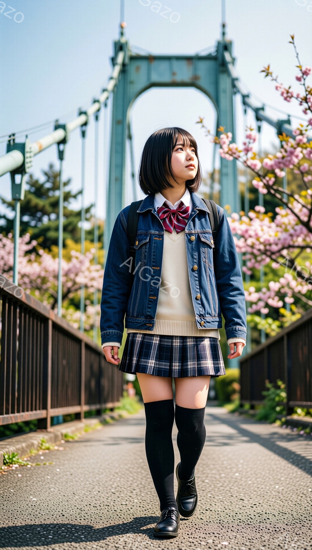 制服姿の女子高生が、桜並木と鉄橋の上を歩いている。紺色のブレザーにチェック柄のスカート、膝上丈の黒い靴下を合わせ、肩にはリュックサックを背負っている。彼女は少し上を見上げ、穏やかな表情で、春の優しい日差しの中で、どこか希望に満ちた雰囲気を醸し出している。