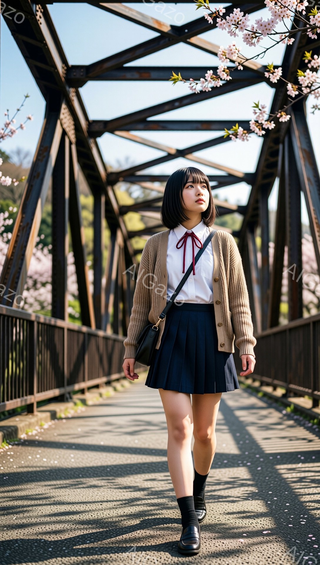 ショートカットの黒髪で、制服姿の若い女性が橋の上を歩いている。彼女は白いシャツにリボン、茶色のカーディガン、プリーツスカート、黒いソックス、革靴を着用し、肩に斜め掛けしたバッグを持っている。背景には桜並木と青空が広がり、春の穏やかな雰囲気が感じられる。