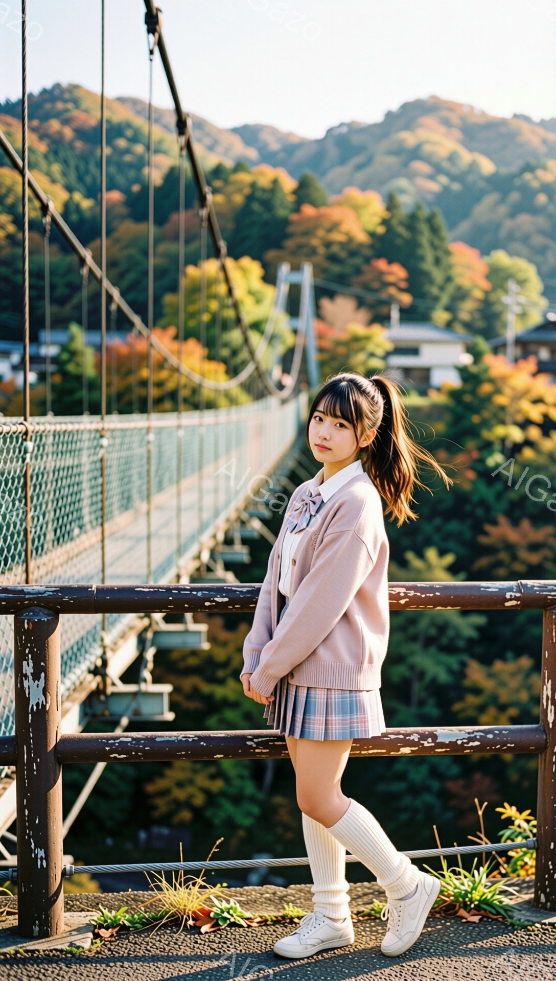 茶色の吊り橋の上に立つ女子高生が写っています。彼女はピンク色のカーディガン、チェック柄のスカート、白いソックスとスニーカーを着用し、髪はポニーテールにしています。背景には紅葉した山々と建物が見え、穏やかで秋らしい雰囲気が漂っています。