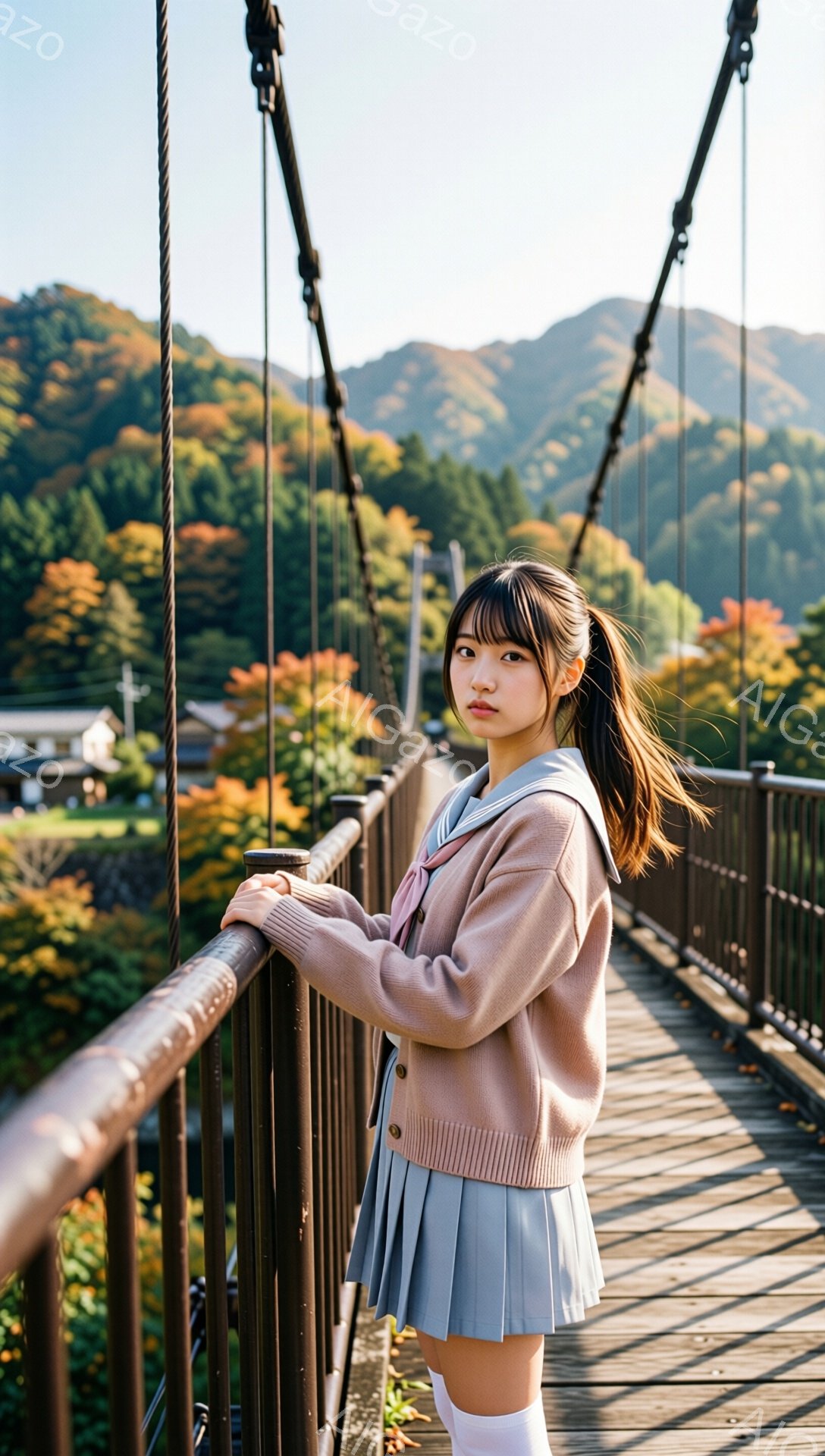 画像には、セーラー服を着た若い女性が描かれています。彼女は茶色の吊り橋の手すりに寄りかかり、少し微笑んでいます。背景には、紅葉の美しい山々と緑豊かな自然が広がり、秋の穏やかな雰囲気が漂っています。