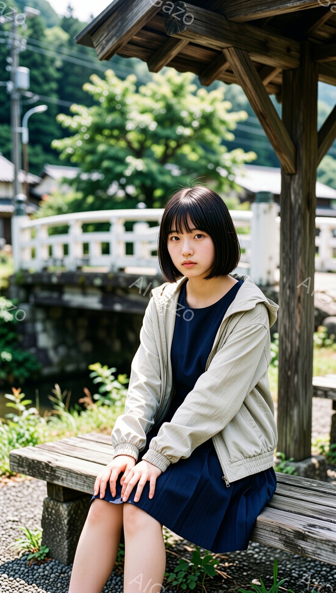 若い女性が木製のベンチに座っており、膝を揃えて少し内側に曲げた姿勢をとっています。紺色のワンピースの上にベージュ色のジャケットを羽織り、前髪を短く切り揃えたダークブラウンのヘアスタイルです。背景には緑豊かな植物と石畳の道、そして古い橋が見え、穏やかで自然な雰囲気が漂っています。