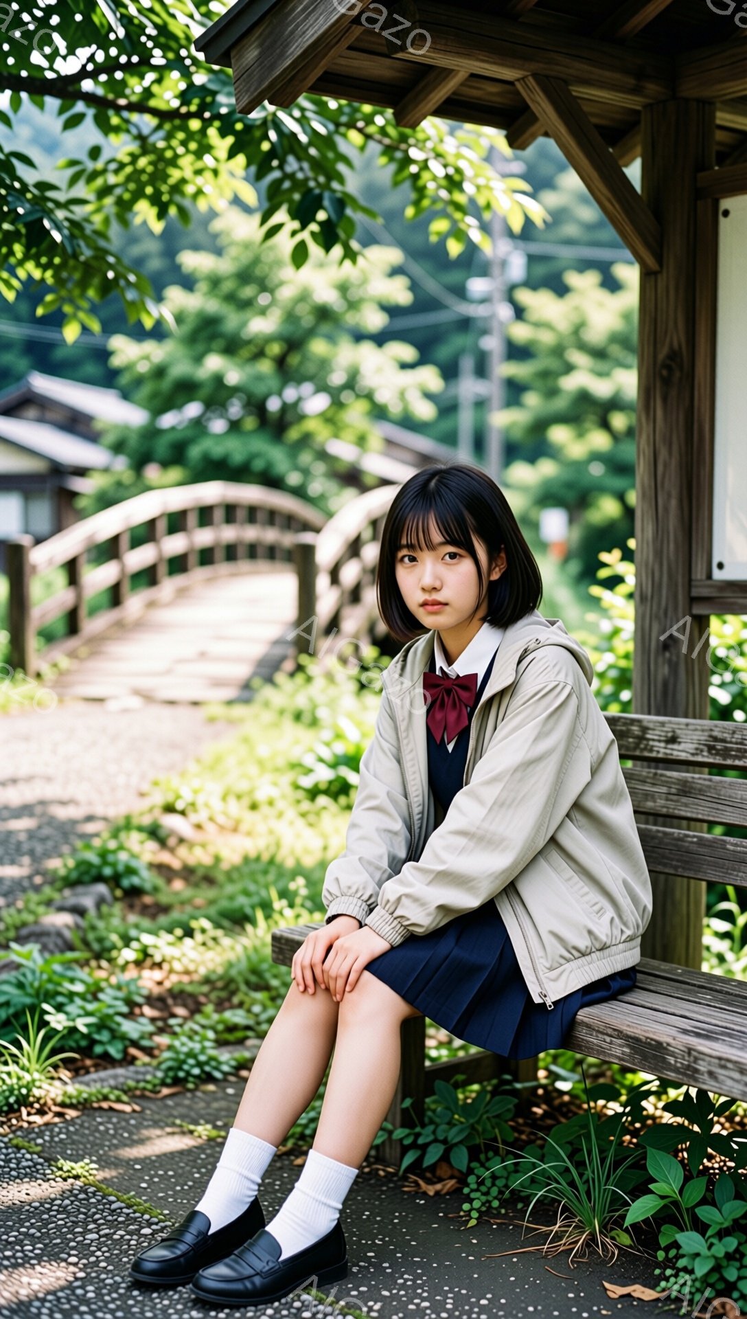 画像には、制服を着た若い女性が木製のベンチに座っている様子が写っています。彼女は膝を揃えて座り、少し憂いのある表情で正面を見つめています。背景には緑豊かな植物、アーチ型の橋、そして木造の建物が見え、穏やかで静かな雰囲気が漂っています。