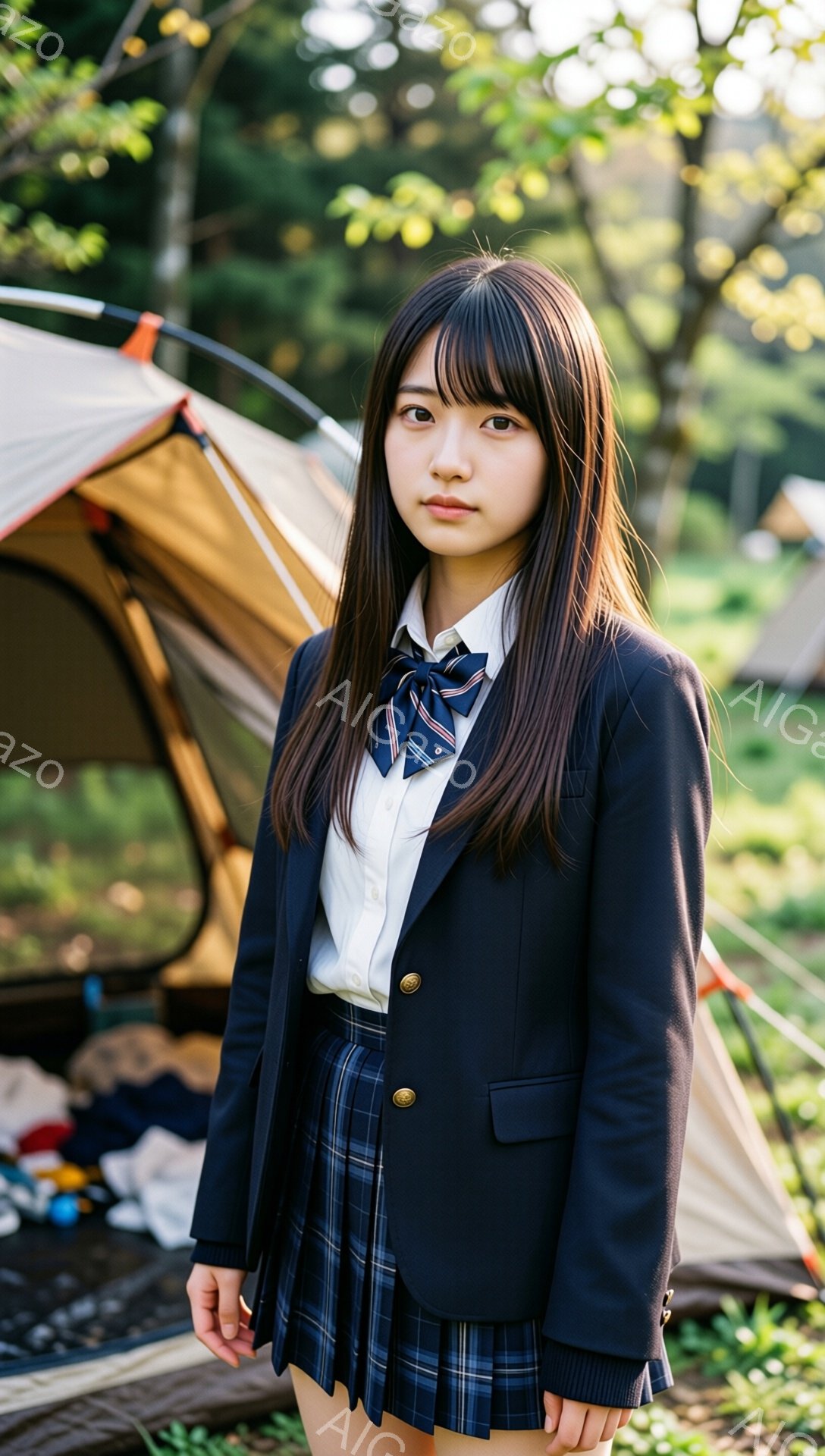 紺色のブレザーとチェック柄のスカート、白いシャツにネクタイを締めた女子高生が立っている。彼女は長い黒髪で、前髪は眉毛にかかるように切り揃えられている。背景にはテントがいくつかあり、自然の中でキャンプをしている様子がうかがえる。