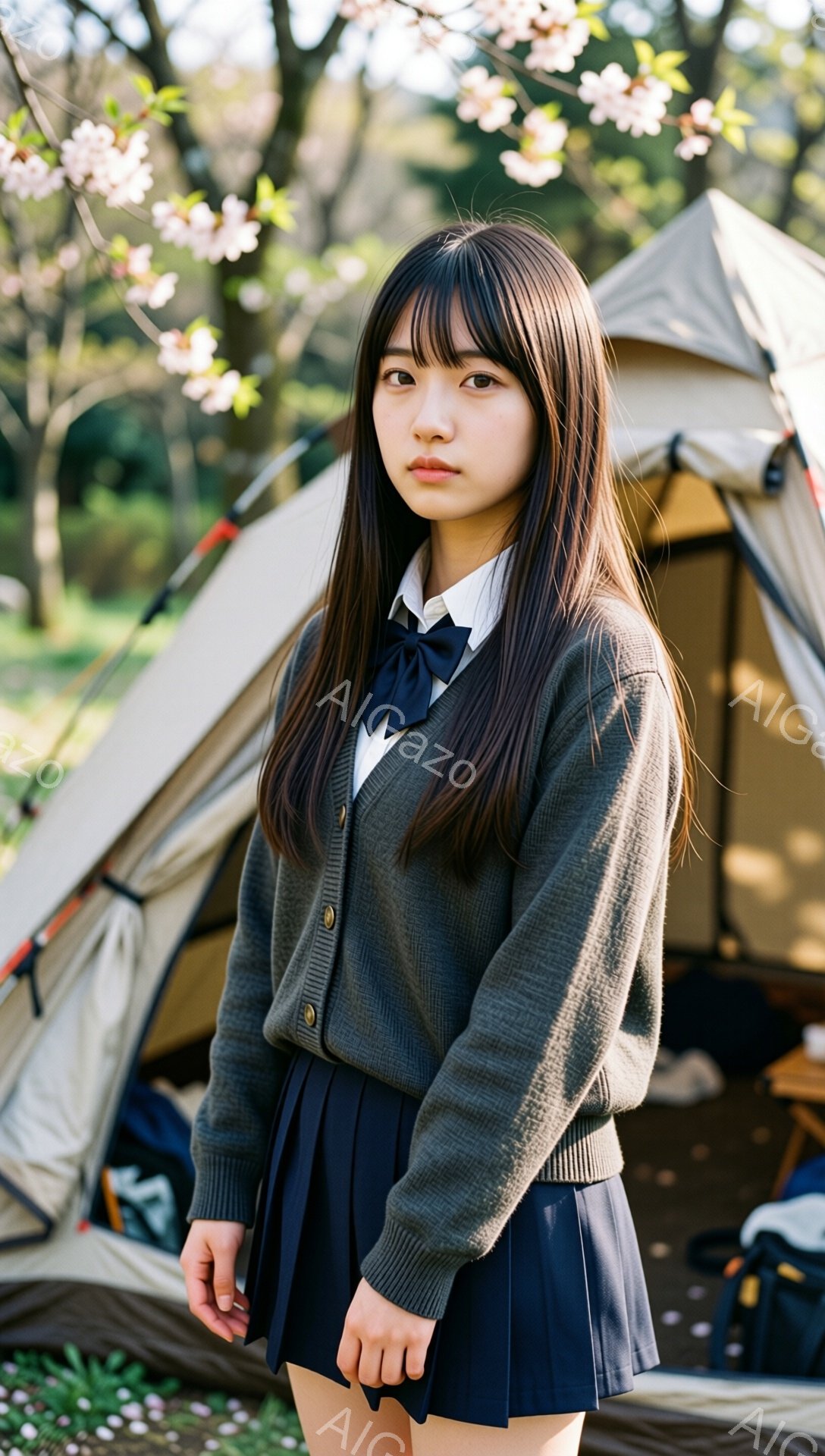 長い黒髪をセンターパートにした少女が、カーディガン、白いシャツ、プリーツスカートという制服を着ている。彼女は少し困ったような表情で、カメラの方を見つめている。背景にはテントやキャンプ道具が写り、桜の花びらが舞う春のキャンプ場の穏やかな雰囲気が感じられる。