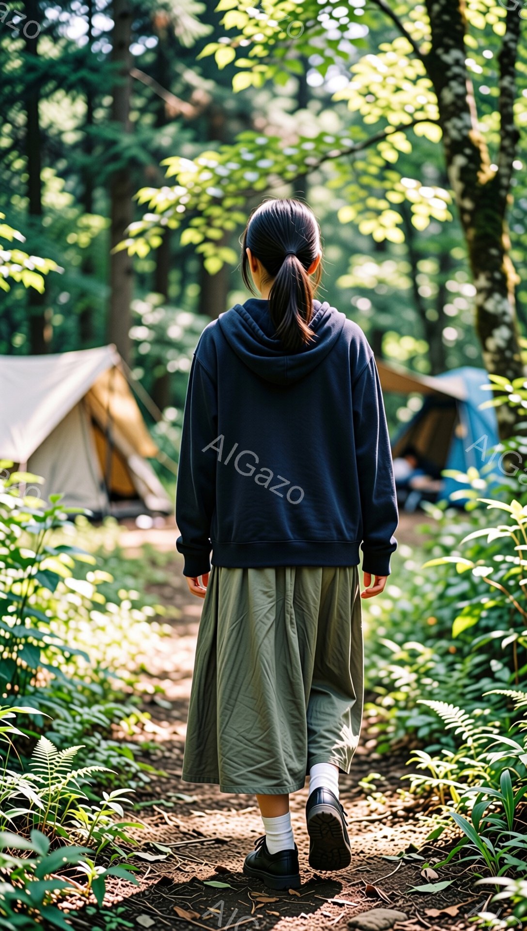 黒いパーカーとカーキ色のスカートを身につけた女性が、森の中の小道を歩いている後ろ姿が捉えられています。髪は後ろで一つに結い、リラックスした雰囲気で、周囲には緑豊かな植生とキャンプのテントが見えます。日の光が木々の間から差し込み、穏やかで自然な雰囲気を醸し出しています。