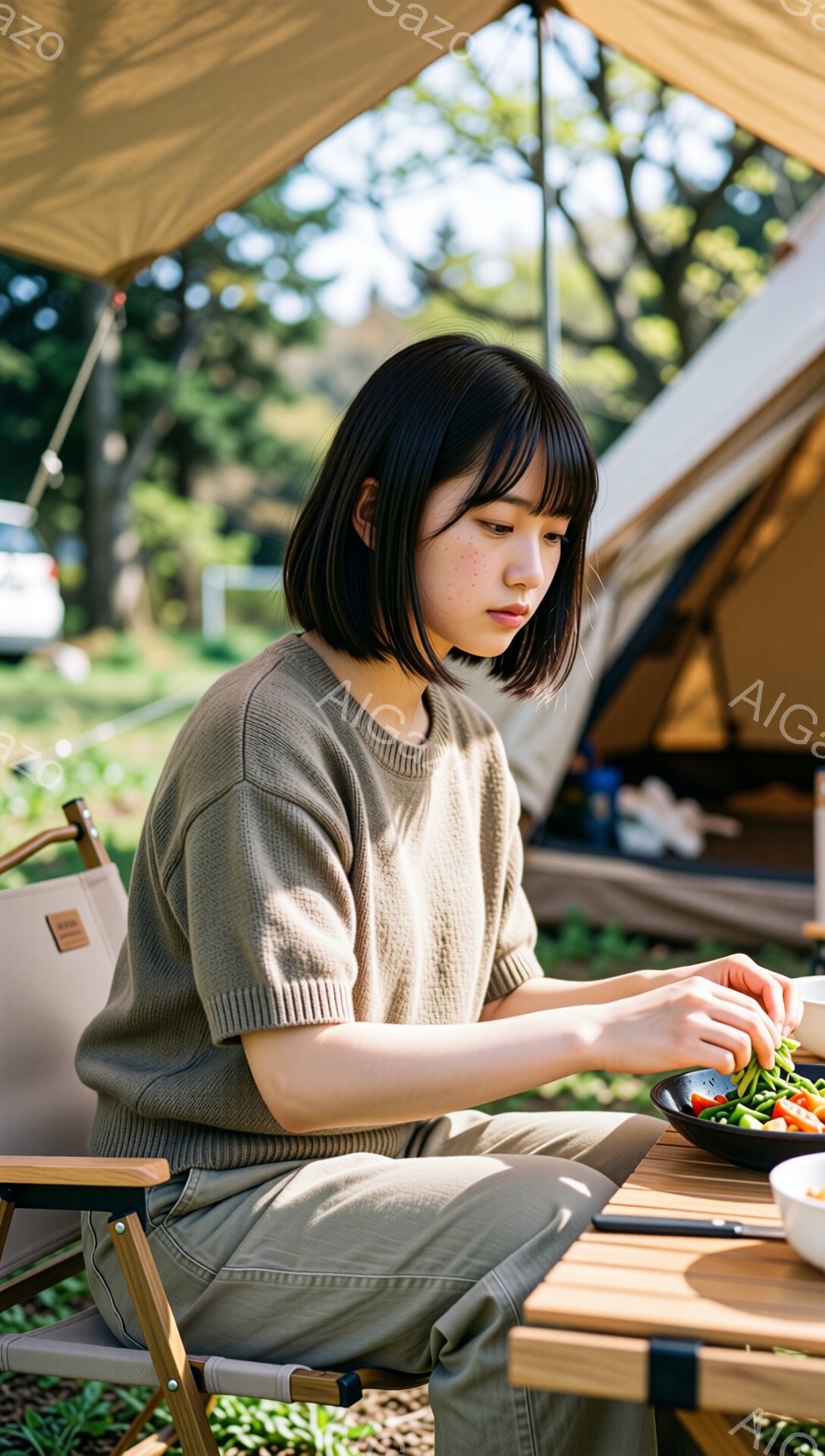 若い女性がキャンプ場で料理をしている様子が写っている。彼女はベージュ色のセーターとパンツを着用し、前髪を下ろした短い黒髪に整えられている。背景にはテントや緑豊かな自然が見え、晴れた日の穏やかなキャンプの雰囲気が漂っている。