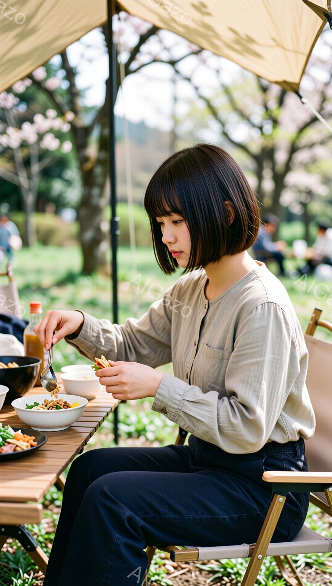ショートヘアの女性が屋外で食事をしている様子が写っている。ベージュ色のシャツと黒いズボンを着用し、フォークで麺類を食べている。背景には緑豊かな自然と桜並木が見え、テントの一部と他の人がぼんやりと写っており、春の穏やかなピクニックのような雰囲気が漂っている。