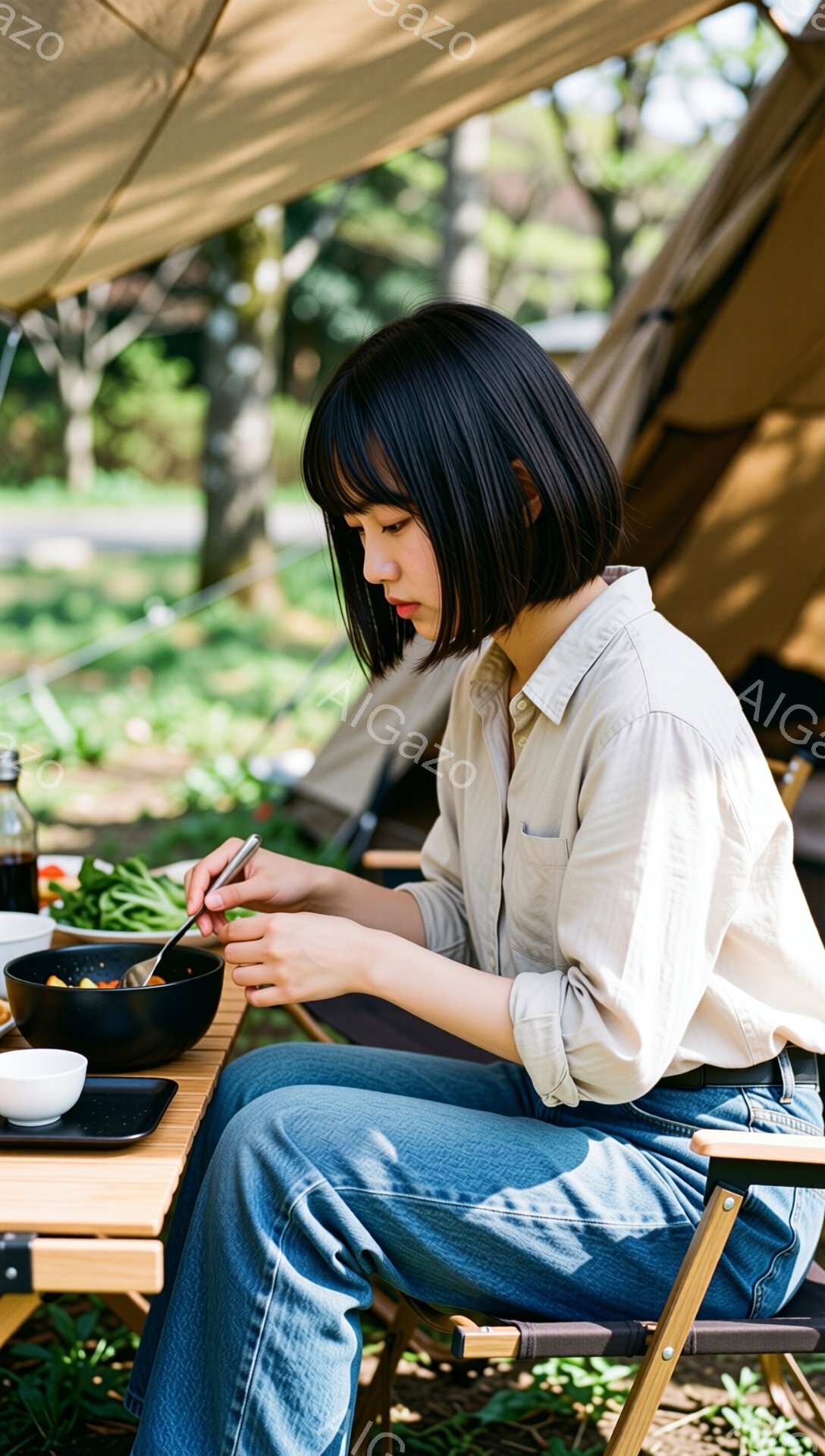 短い黒髪の女性が、キャンプ用の折り畳みテーブルを前に座り、食事をしている様子が写っている。ベージュ色のシャツとデニムパンツを身に着け、ややうつむき加減でボウルから食事をフォークで取っている。背景にはテントの布と緑豊かな木々が見え、晴れた日の穏やかなキャンプ場の雰囲気が伝わってくる。