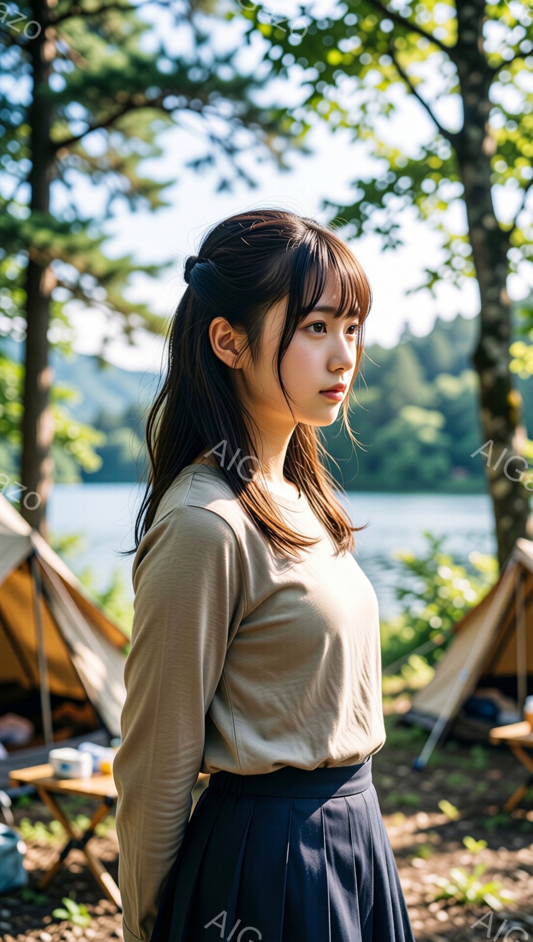 長い黒髪をセンターパートにした若い女性が、ベージュの長袖シャツと黒いプリーツスカートを身に着けています。彼女は少し横を向き、遠くを見つめるように微笑んでいます。背景には湖と木々が見え、キャンプ場のテントがぼんやりと確認でき、穏やかで自然な雰囲気が漂っています。