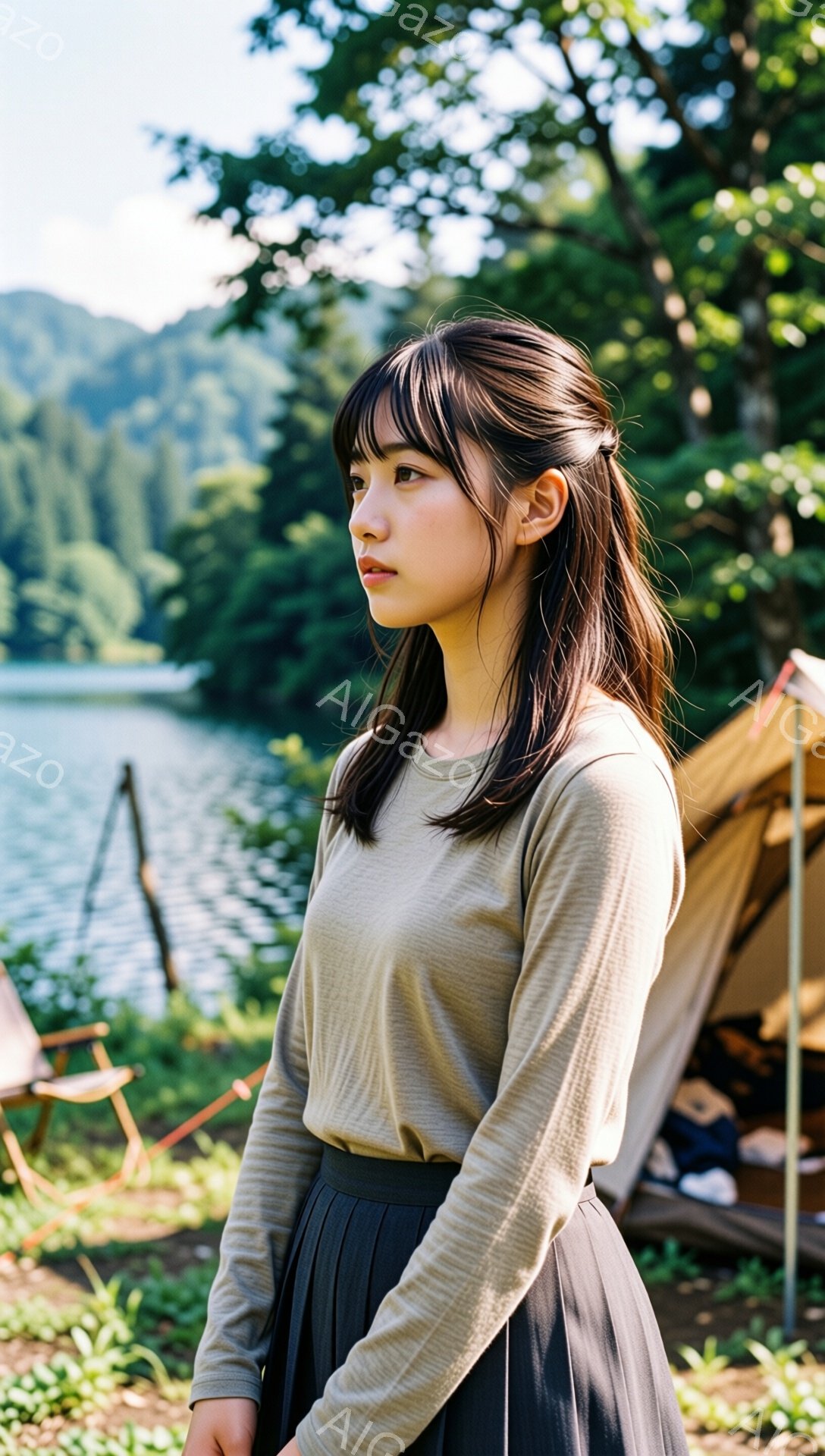 長い黒髪を肩で分けている女性が、ベージュ色の長袖シャツと黒いプリーツスカートを身につけて立っている。彼女は少し横を向いており、穏やかで物憂げな表情をしている。背景には湖と緑豊かな山々が広がり、キャンプ用のテントや椅子がぼんやりと見える、静かで自然豊かな雰囲気が漂っている。