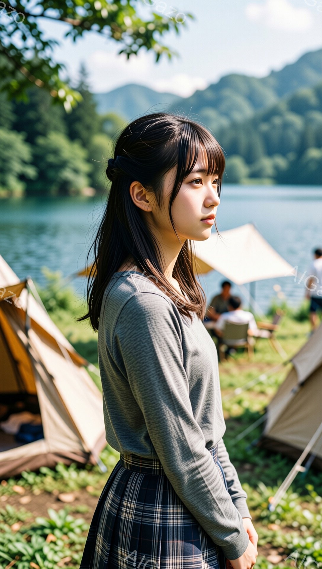 若い女性が、グレーの長袖シャツとチェック柄のスカートを身に着けている。彼女は横を向き、少し憂いを帯びた表情で遠くを見つめている。背景には、テントが立ち並び、緑豊かな山々と穏やかな湖が広がり、キャンプ場の落ち着いた雰囲気を醸し出している。