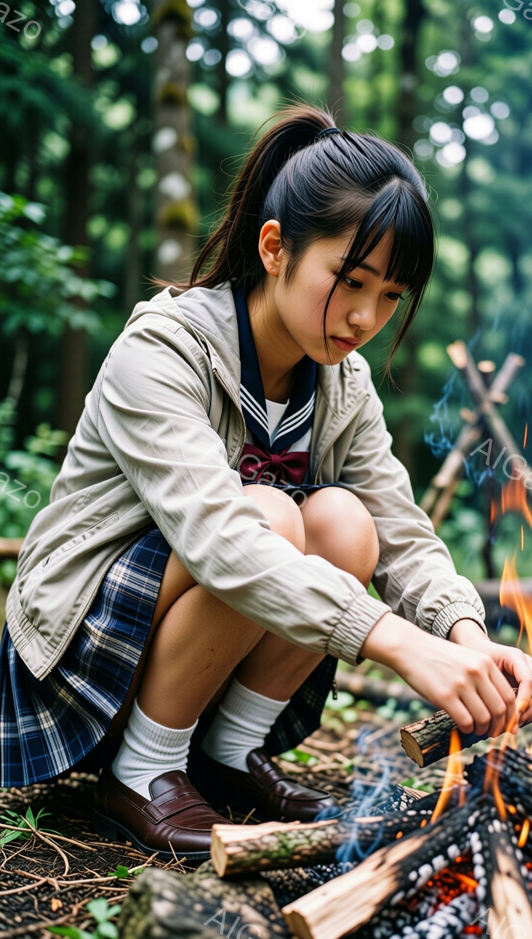 少女は、チェック柄のスカートとセーラー服のような制服を着て、かがんで焚き火に薪をくべている。彼女は明るい色のローファーと白のソックスを履き、髪を高い位置でポニーテールにしている。背景は緑豊かな森で、焚き火の炎が暖かく、穏やかな雰囲気を醸し出している。