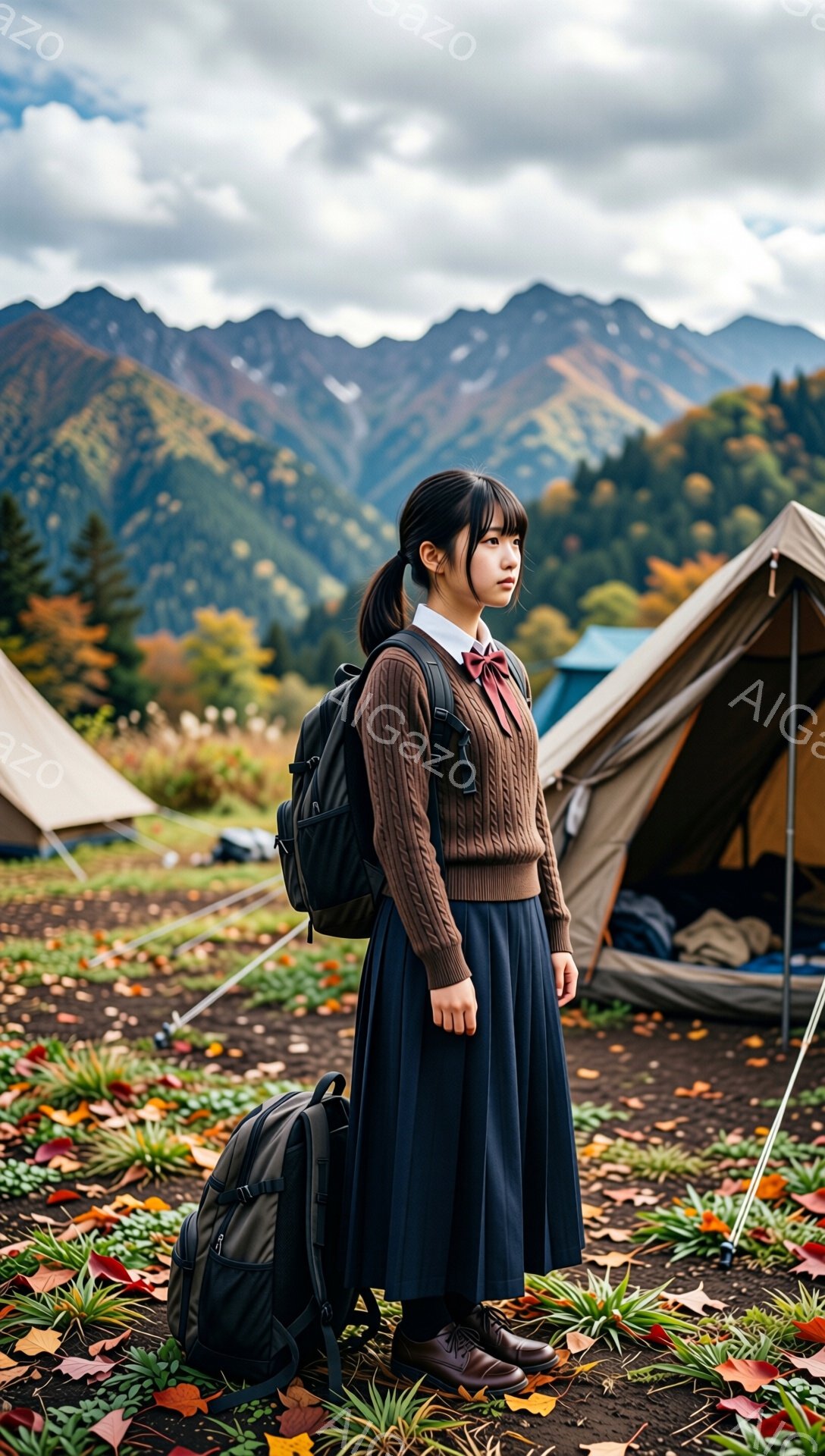 画像には、紺色のスカートと茶色のニットセーターを着た若い女性が写っています。彼女はリュックサックを背負い、少し物憂げな表情で横を向いています。背景にはテントと紅葉した山々が広がり、秋のキャンプ場の雰囲気が漂っています。