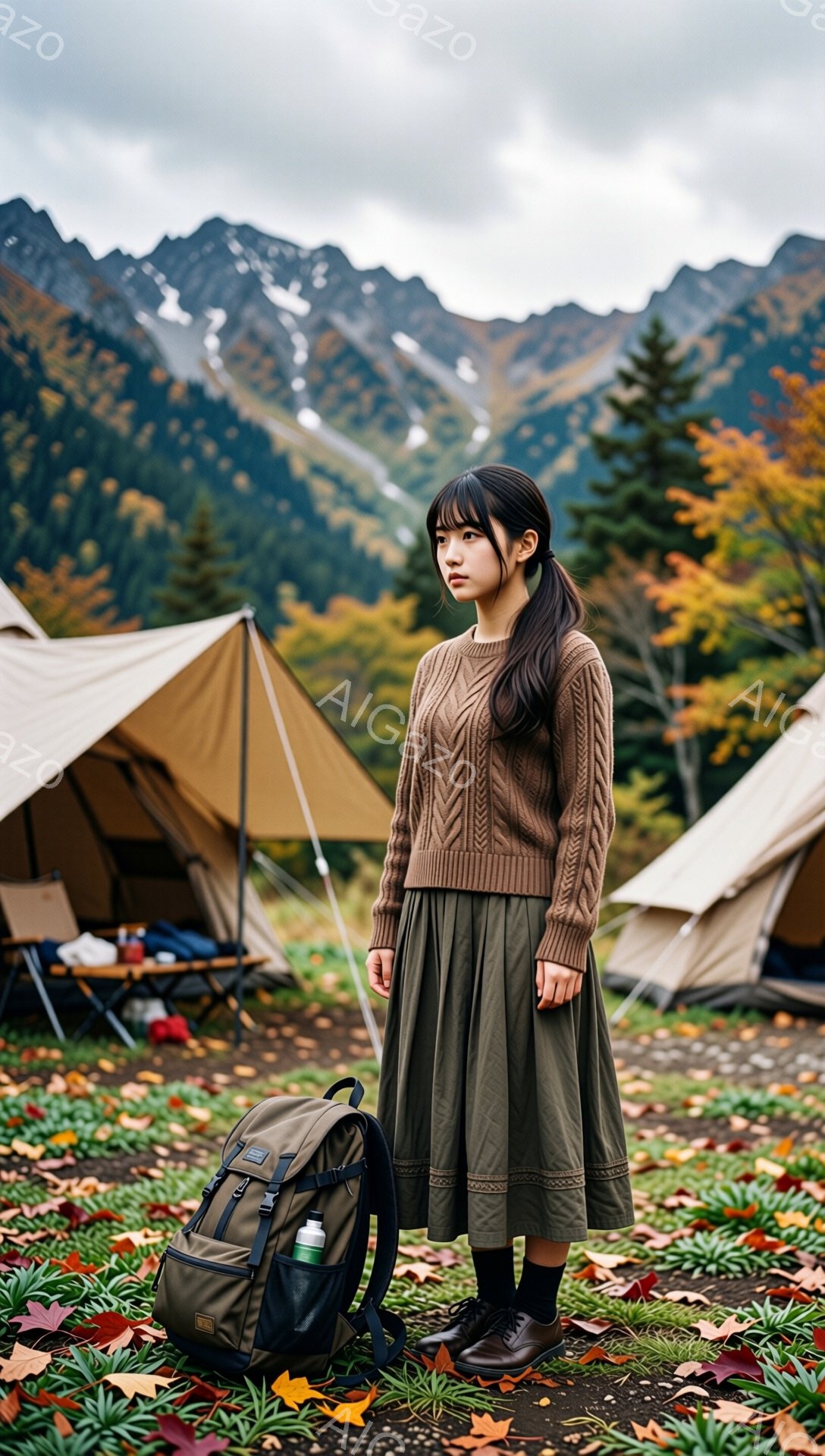 若い女性が、秋のキャンプ場に立っている。茶色のケーブルニットセーターと、オリーブグリーンのプリーツスカート、黒のブーツを着用し、後ろで三つ編みにした髪型は、どこか物憂げな表情と相まって、少し内向的な雰囲気を醸し出している。背景には、ベージュ色のテントがいくつか並び、遠くには紅葉の山々が広がっており、天候は曇り空で、全体的に落ち着いた秋の風景が広がっている。