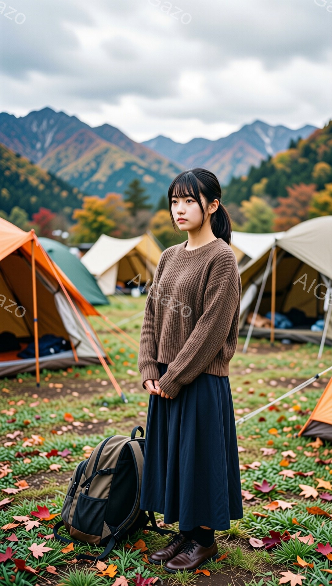 画像には、茶色のセーターと紺色のロングスカートを着た若い女性が写っています。彼女は黒髪で前髪を少し長めに残し、後ろで一つに結んでいます。背景にはオレンジ色のテントが並び、秋らしい紅葉の山々と曇り空が広がっており、キャンプ場の一種であることがわかります。