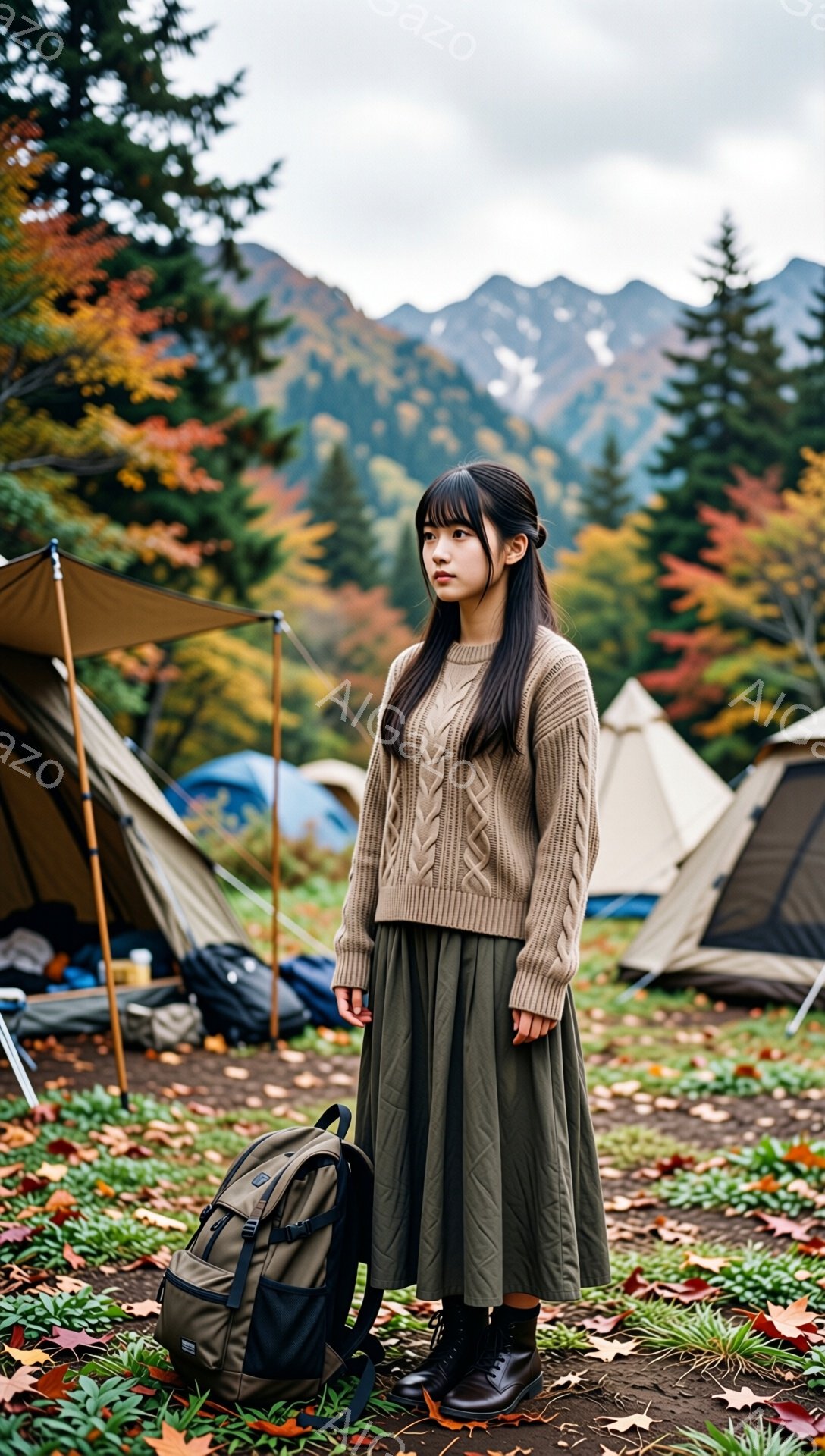 長い黒髪をセンターパートにした女性が、ベージュのケーブルニットセーターとオリーブグリーンのプリーツスカート、黒のブーツを着用し、リュックサックを背負っています。彼女は少し横を向き、物憂げな表情をしています。背景には、テントが立ち並び、紅葉に染まった山々が広がっており、秋のキャンプ場の穏やかで少し寂しげな雰囲気が漂っています。