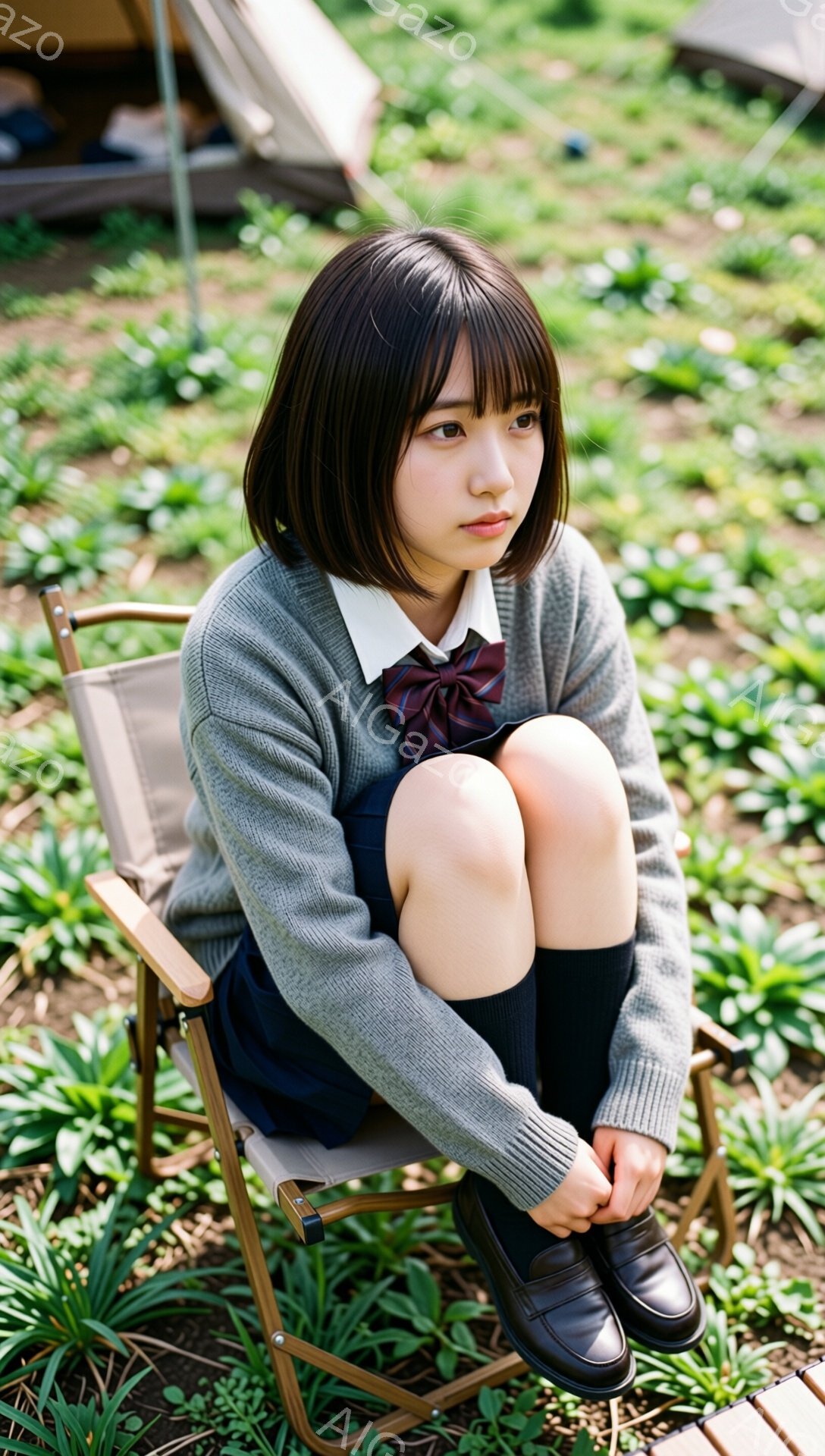 画像は、制服を着た若い女性が折り畳み椅子に座っている様子を捉えています。彼女はグレーのセーター、白いシャツ、チェック柄のリボン、紺色のスカート、黒い靴を着用し、黒髪のボブカットにしています。背景には緑豊かな草地と、ぼやけたテントが見え、穏やかで静かな雰囲気が漂っています。