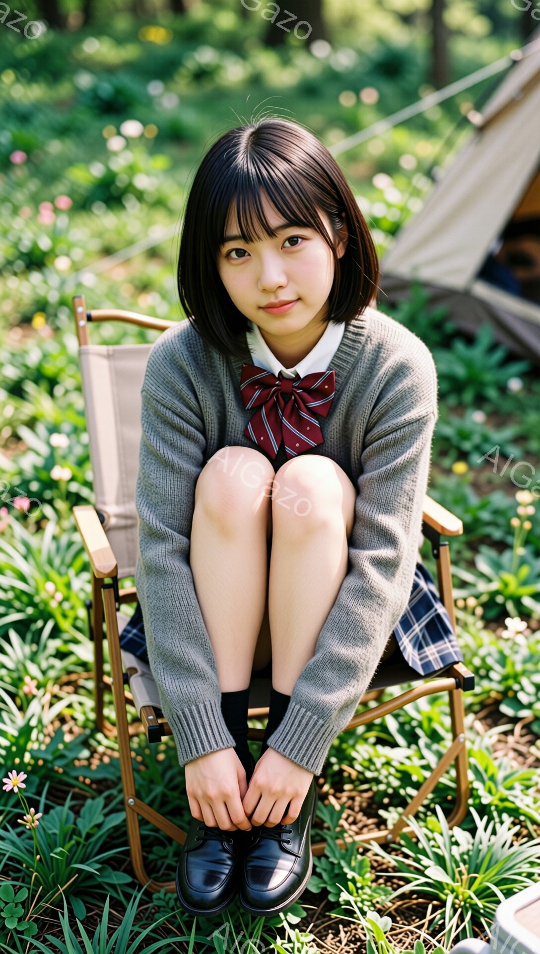 茶髪のショートヘアの若い女性が、キャンプ用の椅子に座って靴紐を結んでいます。グレーのセーターとチェック柄のスカート、赤いリボンタイを着ており、少し微笑んだ表情をしています。背景には緑豊かな植物と、ぼんやりとテントが見え、晴れた日の穏やかなキャンプ場の雰囲気です。