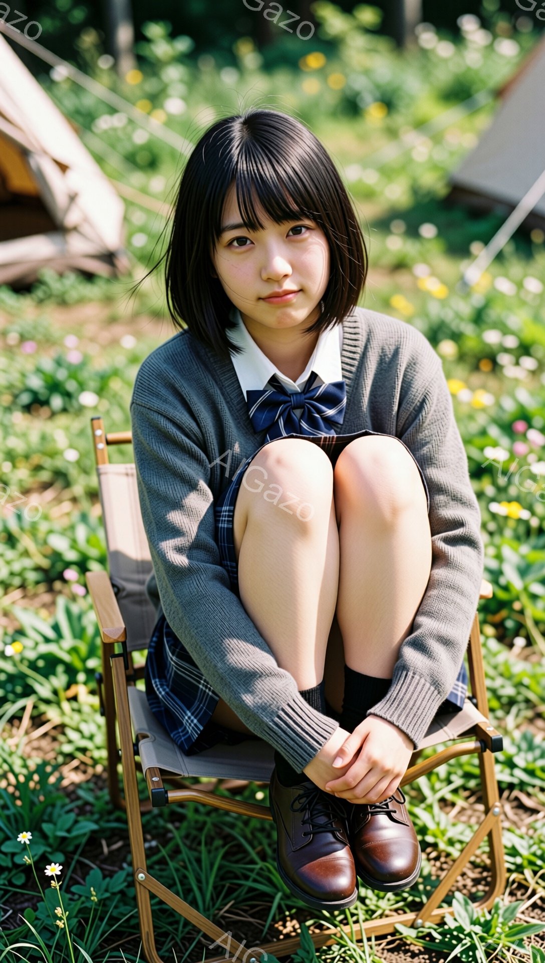 画像には、制服を着た若い女性が折りたたみ椅子に座っている様子が写っています。彼女は灰色のカーディガン、チェック柄のスカート、濃い色のタイツと革の靴を履いており、黒髪のショートボブスタイルで、わずかに微笑んでいます。背景には緑豊かな草地とわずかに見えるテント、そして晴れた空が広がっており、全体的に穏やかでリラックスした雰囲気が漂っています。