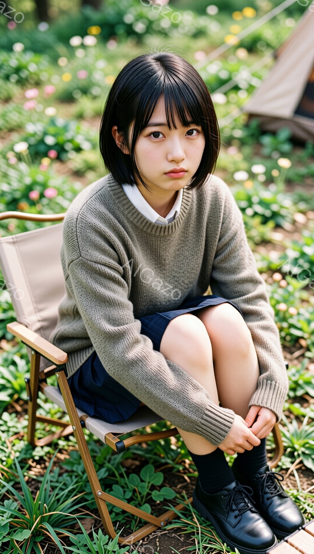 ショートカットの黒髪の女性が、ベージュのセーターと紺色のスカート、黒い靴を履いて、折りたたみ椅子に座っている。彼女は少し緊張した表情で、膝を抱えて座っており、背景には緑豊かな草地と花が広がっている。穏やかな光が差し込み、春らしい柔らかな雰囲気が漂っている。