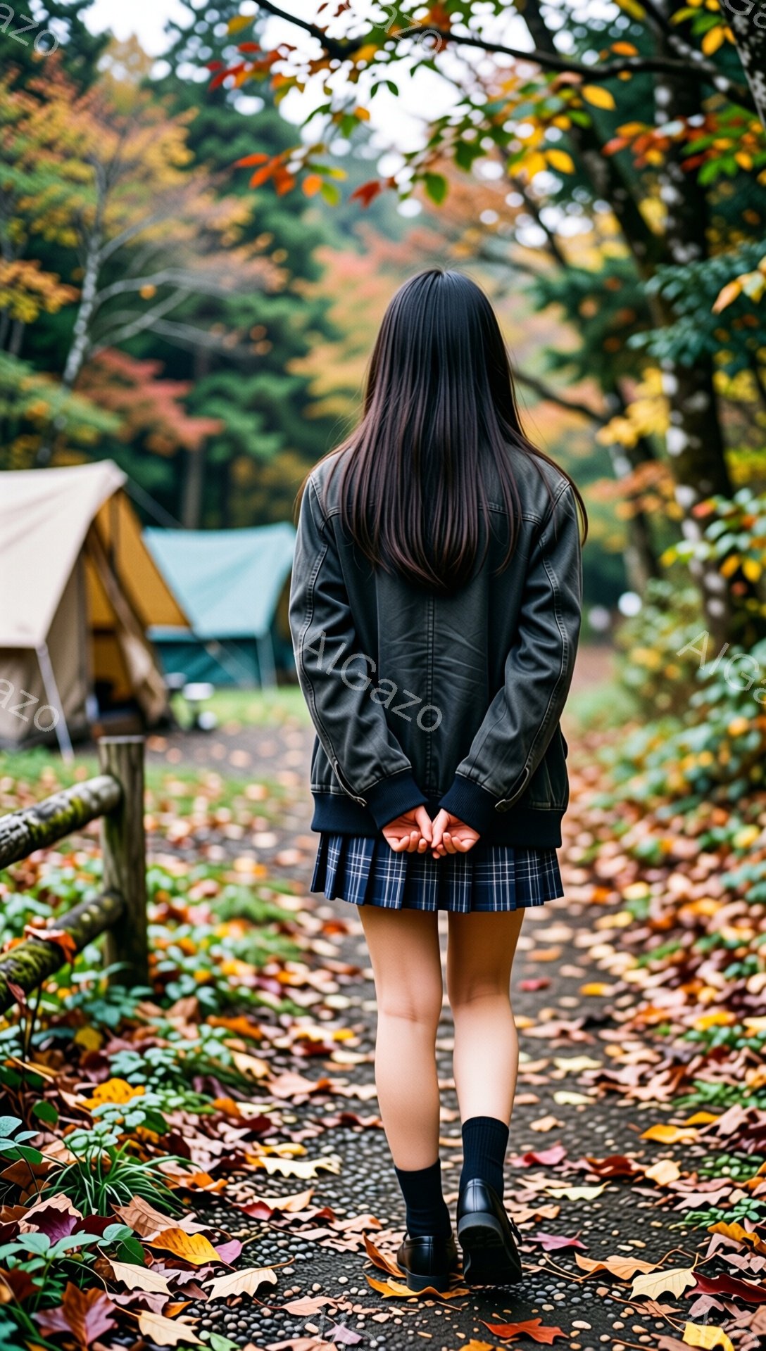 長い黒髪を後ろでまとめ、黒い革ジャンとチェック柄のプリーツスカート、黒い靴下と靴を身につけた女性が、落ち葉が敷き詰められた道を歩いている後ろ姿が写っている。背景には木々が生い茂り、遠くにはテントのような建物が見え、秋の自然の中に佇む様子が表現されている。全体的に、少し寂しげでノスタルジックな雰囲気が漂っている。