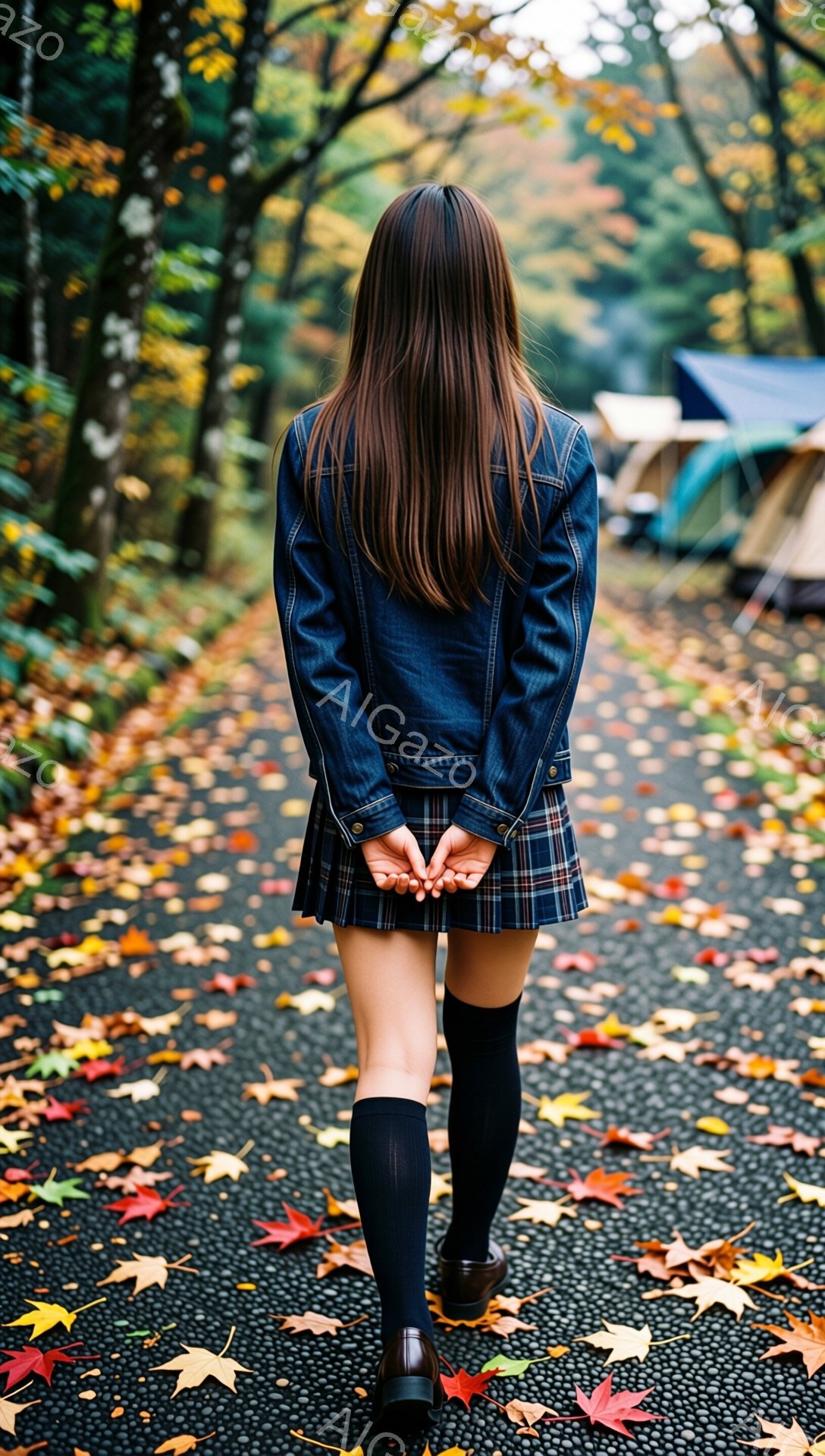 紺色のジャンパーとチェック柄のスカート、黒い膝上ソックスと茶色の靴を身に着けた女性が、落ち葉が散らばる道を後ろ向きに歩いています。彼女は両手を後ろで組み、長い黒髪が背中に伸びています。背景には木々が生い茂り、遠くにはテントが見え、秋の穏やかな自然の中で、どこか物憂げな雰囲気が漂っています。