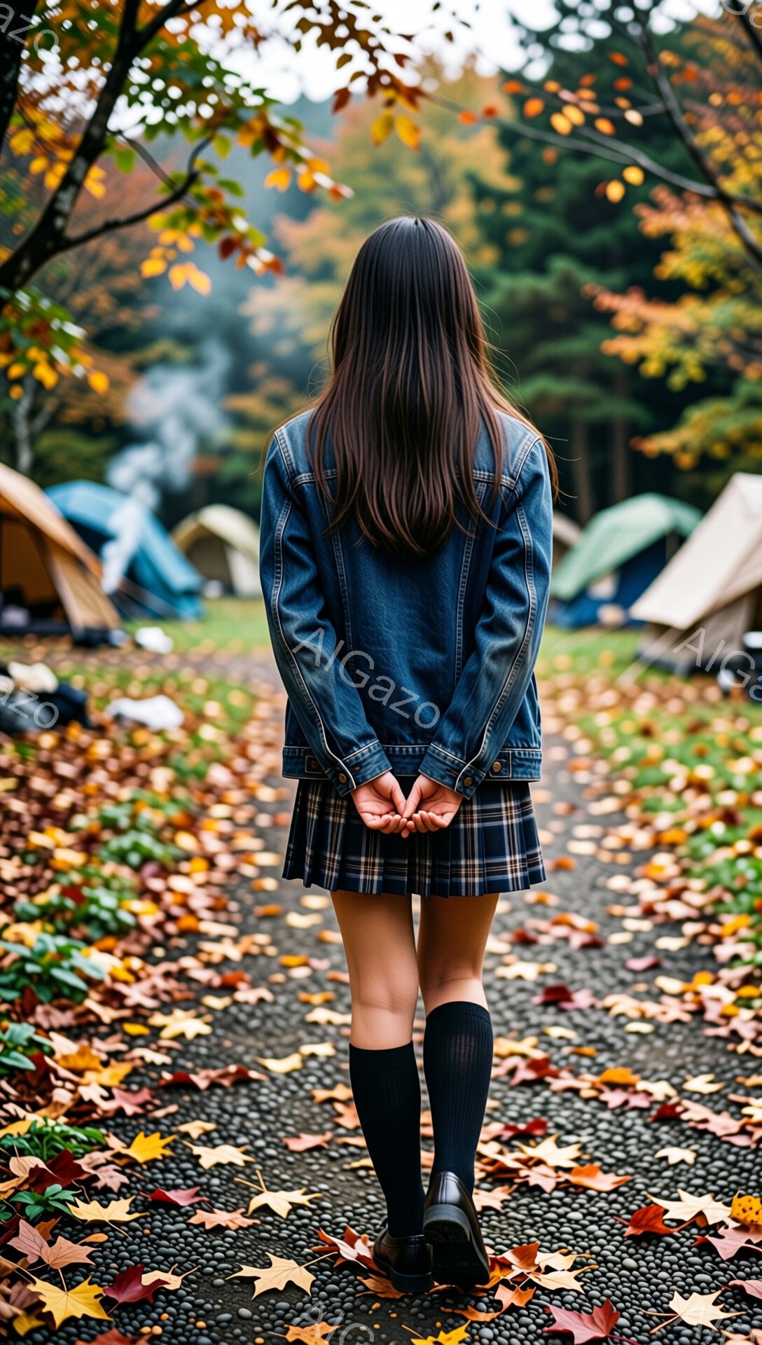 長い黒髪の女性が、デニムジャケットとチェック柄のスカート、黒いソックスと靴を履いて立っている。彼女は後ろ向きで、両手を後ろで組んでおり、秋の落ち葉が敷き詰められた道に立っている。背景には、秋の紅葉と、キャンプ用のテントが並んでいるのが見える、穏やかで物静かな雰囲気だ。