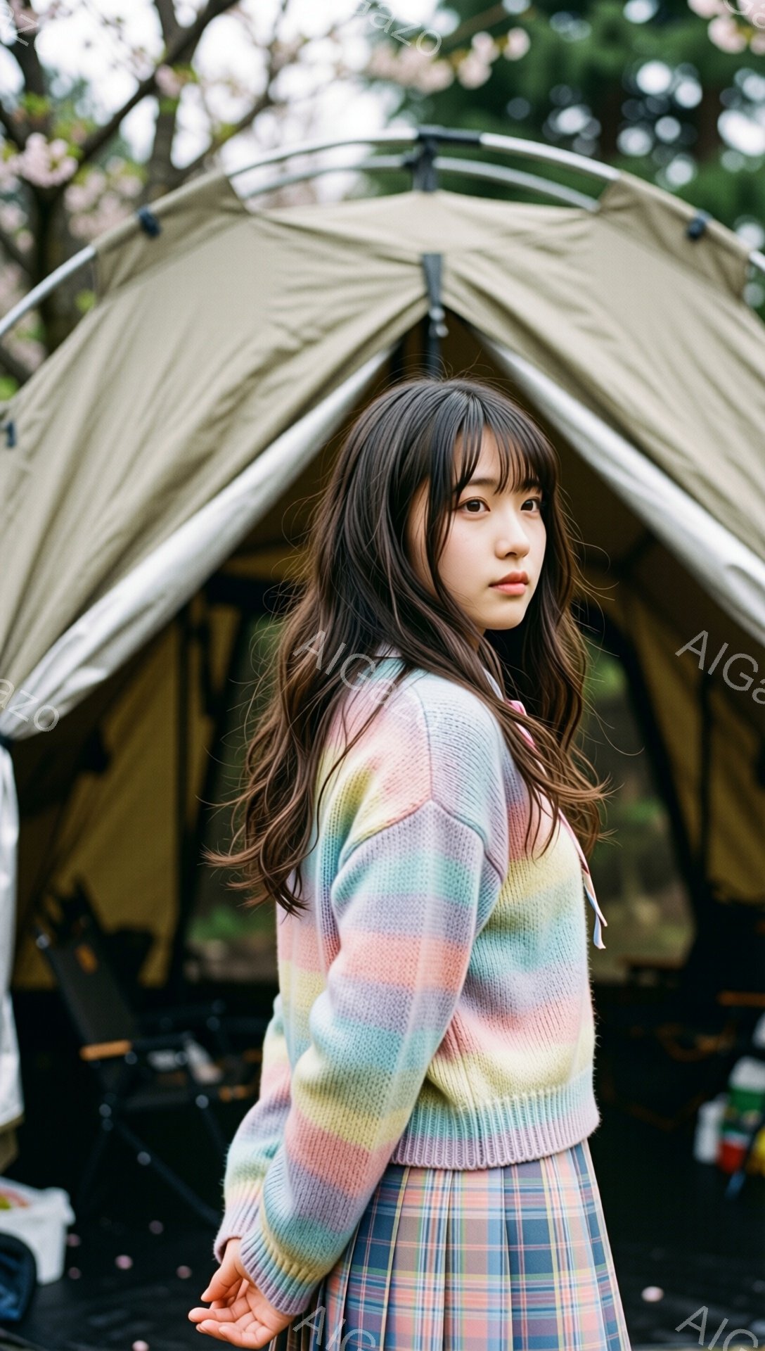 長い黒髪をサイドに流し、前髪は眉毛にかかるようにカットされた若い女性が写っています。パステルカラーのボーダーニットカーディガンとチェック柄のプリーツスカートを着用し、少し振り返ってこちらを見ている表情は、どこか憂いを帯びています。背景にはベージュ色のテントが設置されており、自然の中でキャンプを楽しんでいる様子が伺えます。