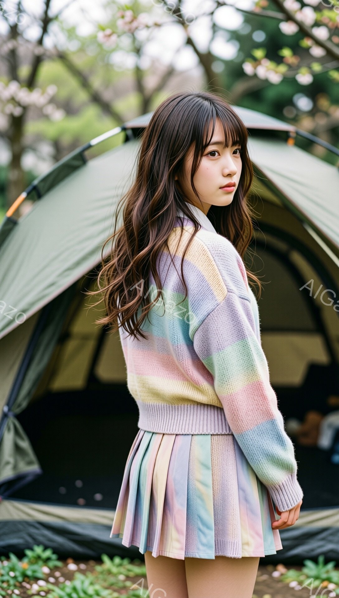 長いダークブラウンの髪は肩にかかるようにゆるやかにウェーブがかかっています。パステルカラーのニットセーターとプリーツスカートを身につけ、少し横を向いてこちらを見ている様子です。背景には緑色のテントと、春らしい桜の花びらが舞う自然が広がっており、柔らかく暖かい雰囲気です。