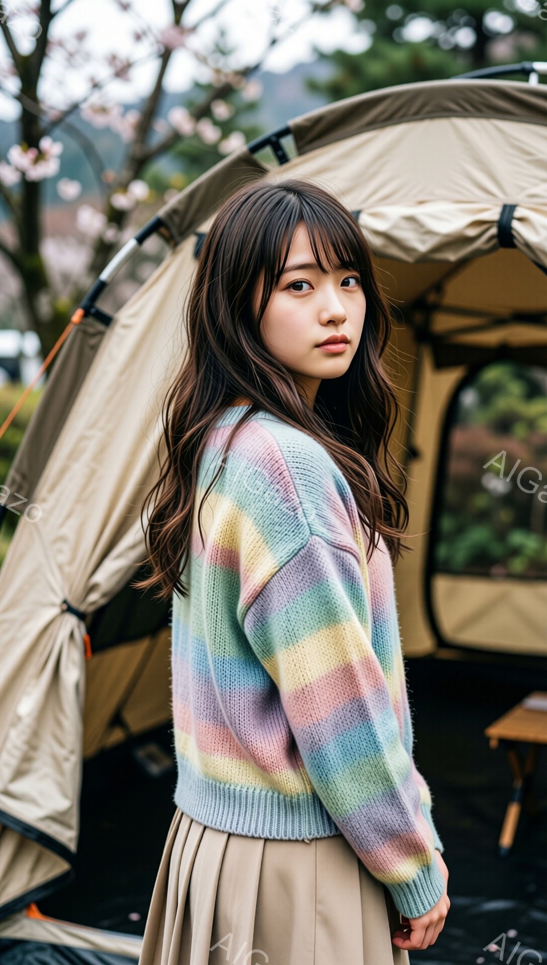 長い黒髪を肩のあたりで揺らし、明るい色のパステルカラーのニットセーターとベージュのプリーツスカートを身に着けた若い女性が写っている。彼女は少し横を向き、カメラを見つめ、穏やかな表情を浮かべている。背景にはテントと春の訪れを感じさせる桜の木が見え、キャンプ場のようなアウトドアの雰囲気が漂っている。