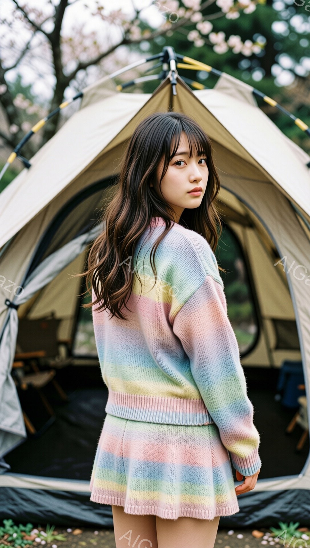 長い黒髪をなびかせ、カラフルなボーダーのニットセットアップを身につけた女性が写っている。彼女は少し振り返り、物憂げな表情でカメラを見つめている。背景にはベージュ色のテントが設置され、自然の中でリラックスした雰囲気を醸し出している。