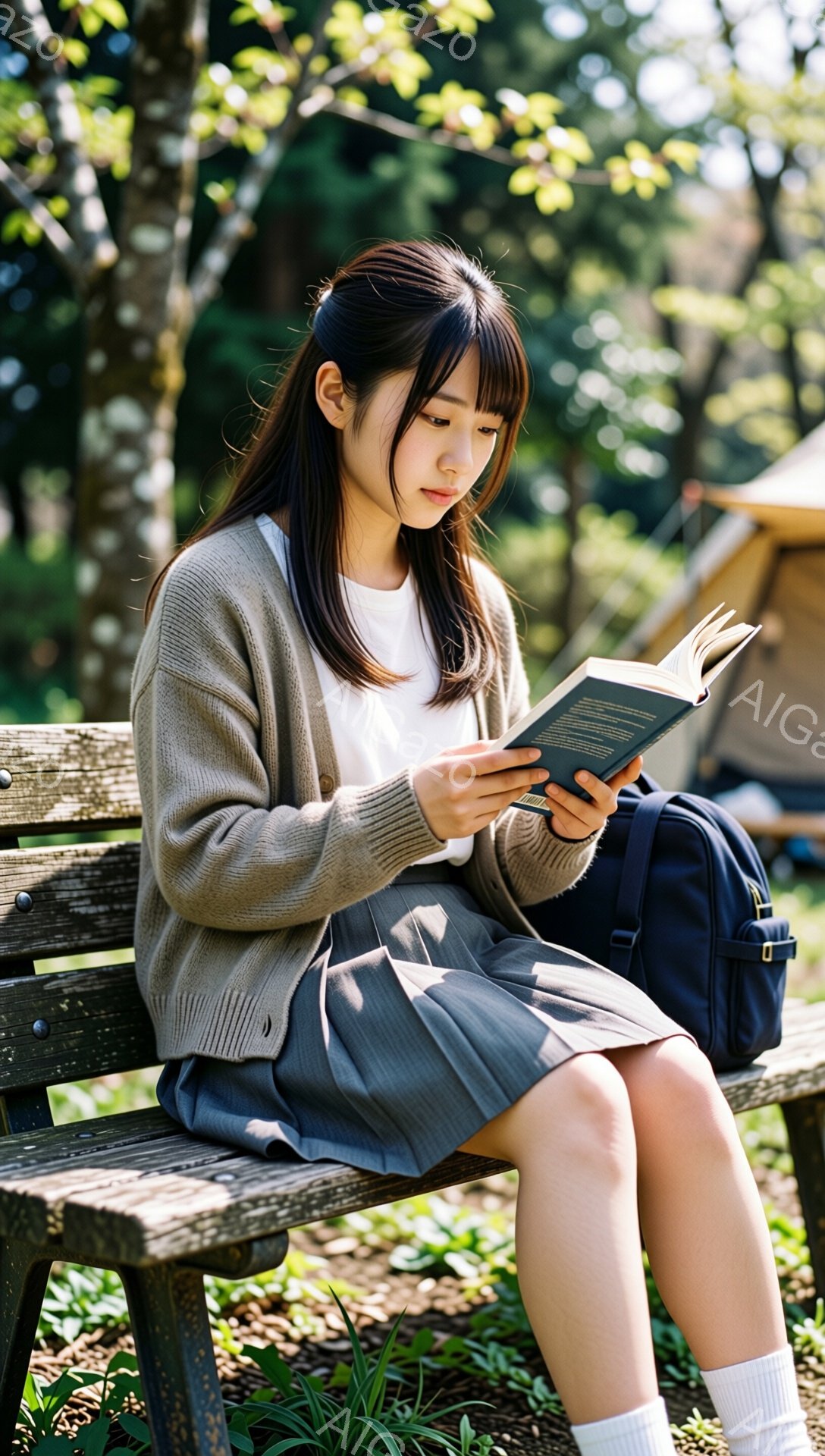若い女性が公園のベンチに座り、本を読んでいます。ベージュのカーディガン、白いシャツ、グレーのプリーツスカート、白いソックスを履いています。彼女は前髪を下ろした髪型で、本に集中した表情をしています。