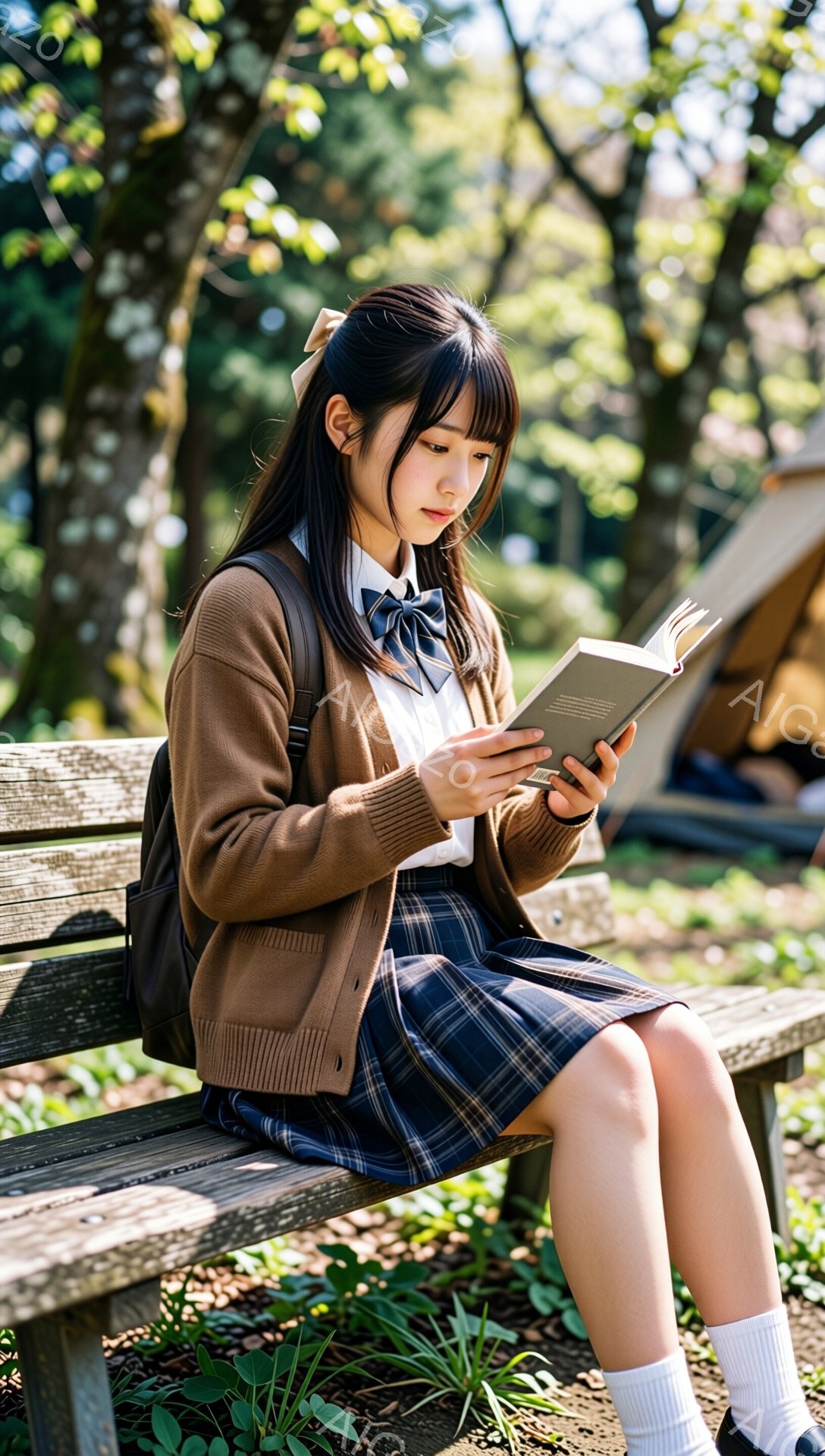 茶色のカーディガン、白いシャツ、チェック柄のプリーツスカート、白いソックス、そして茶色のローファーを身に着けた若い女性が、公園のベンチに座って本を読んでいます。彼女は黒髪で前髪があり、リボンで軽くまと - AI生成フリー素材