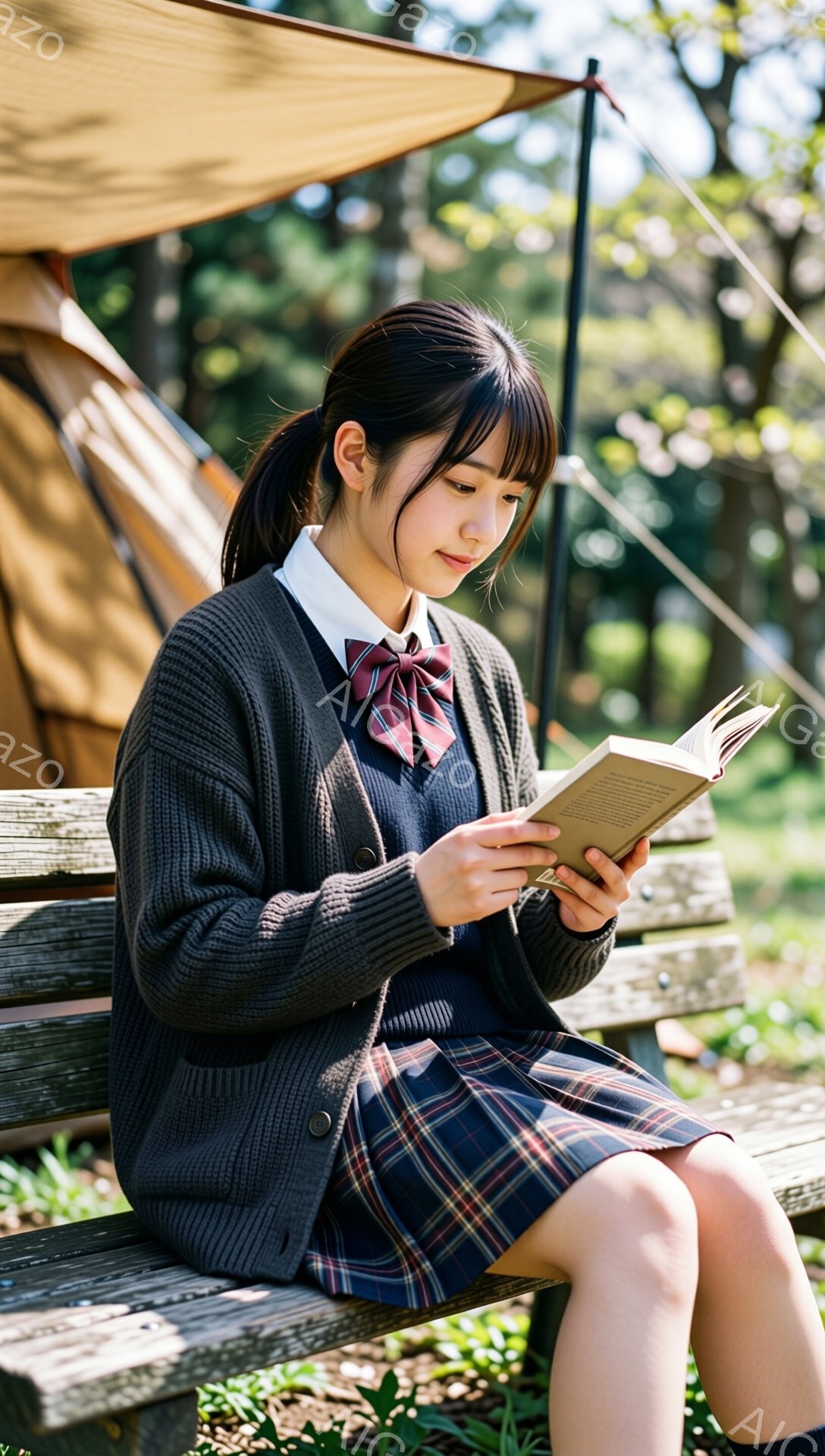 制服を着た若い女性が、木製のベンチに座って本を読んでいる。彼女は濃いグレーのカーディガン、チェック柄のスカート、リボン付きの白いシャツを着ており、髪は後ろでポニーテールにまとめられている。背景には、自 - AI生成フリー素材