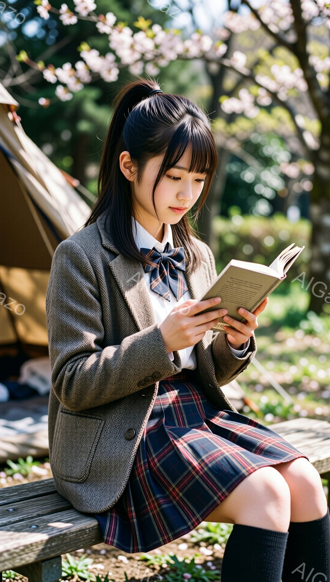 制服姿の若い女性がベンチに座って本を読んでいる。彼女はチェック柄のスカートと茶色のジャケットを着ており、髪はきれいにまとめられ、前髪が少し垂れ下がっている。背景にはぼやけた木々や建物が見え、春らしい穏やかな雰囲気を感じさせる。