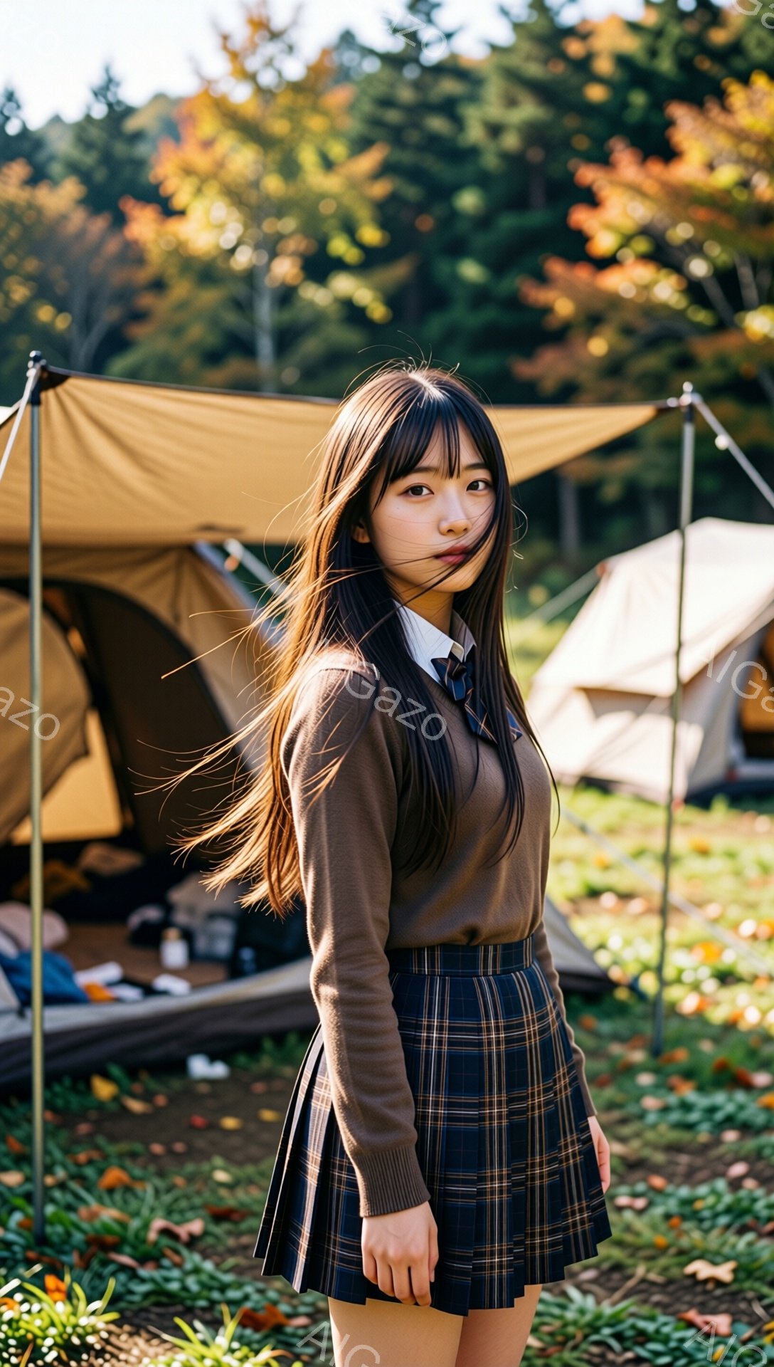 長い黒髪の女性が、茶色のセーターとチェック柄のプリーツスカートを着て立っています。彼女は少し微笑んでおり、姿勢はまっすぐで、どこか物憂げな表情をしています。背景にはテントがいくつかあり、紅葉の木々が生い茂る自然の中で、秋のキャンプ場の穏やかな雰囲気が感じられます。